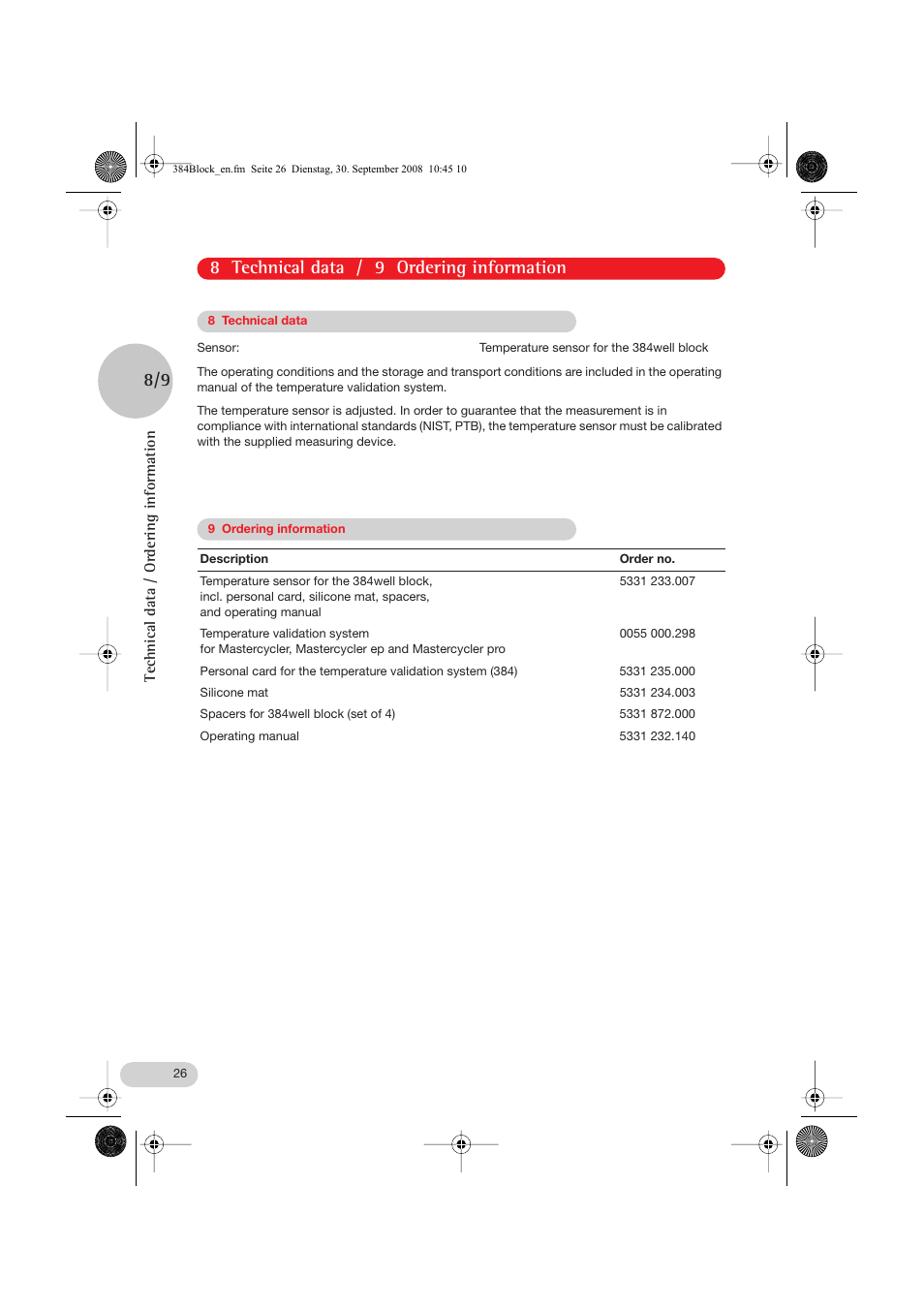 8 technical data, 9 ordering information, 8 technical data / 9 ordering information | Eppendorf Temperature sensor for the 384well block User Manual | Page 14 / 16