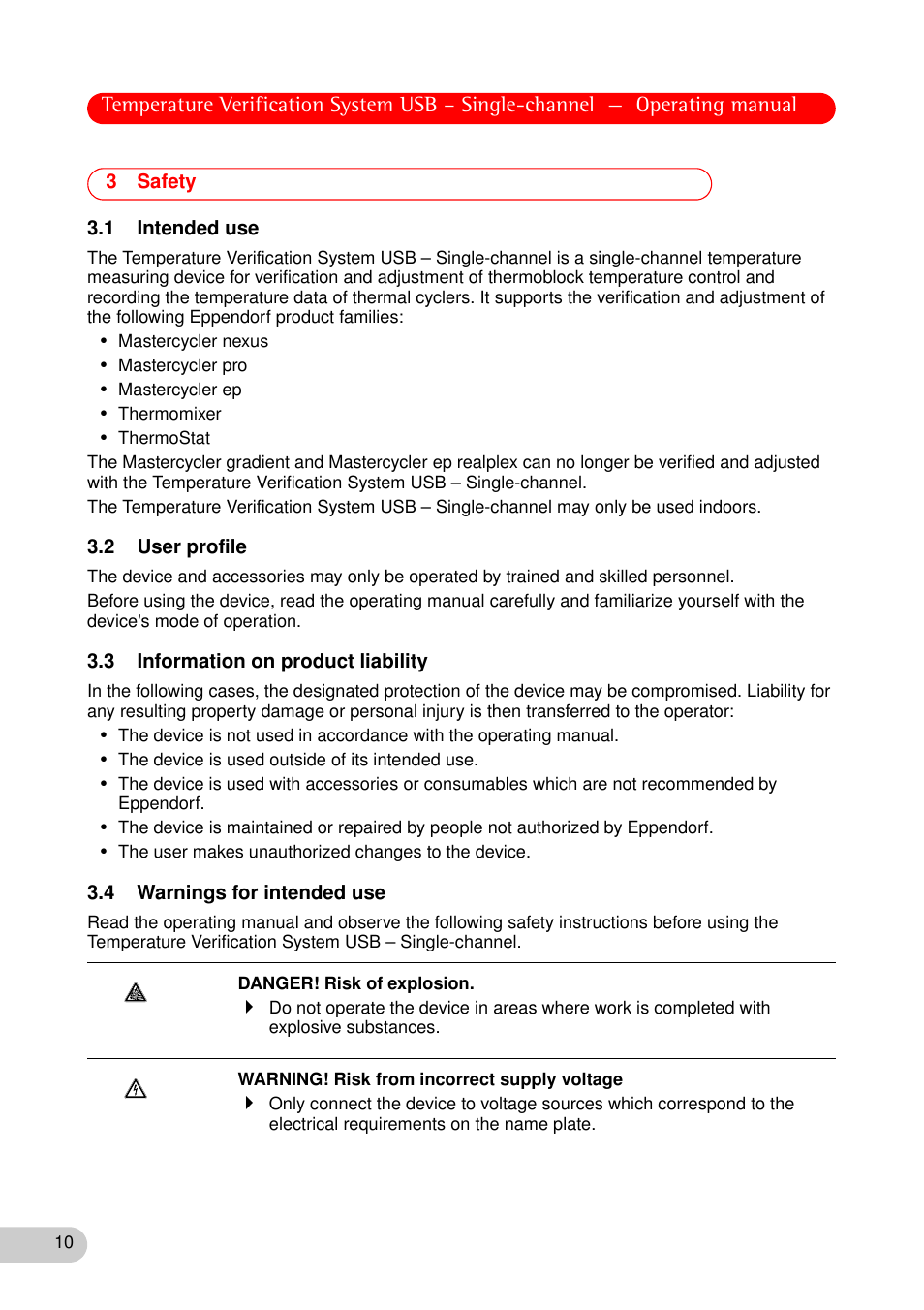 3 safety, 1 intended use, 2 user profile | 3 information on product liability, 4 warnings for intended use | Eppendorf Temperature Verification System User Manual | Page 10 / 40