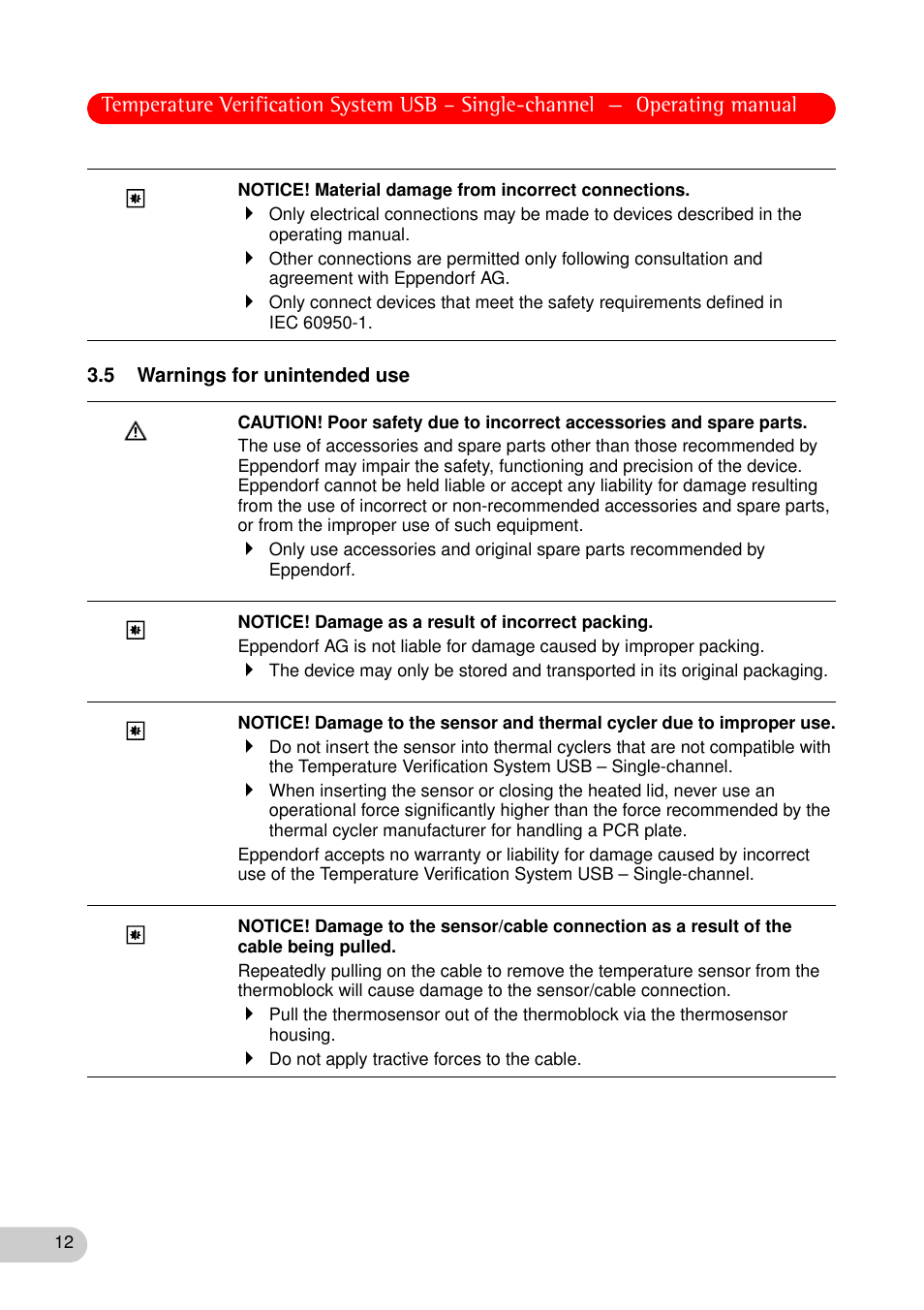 5 warnings for unintended use | Eppendorf Temperature Verification System User Manual | Page 12 / 40
