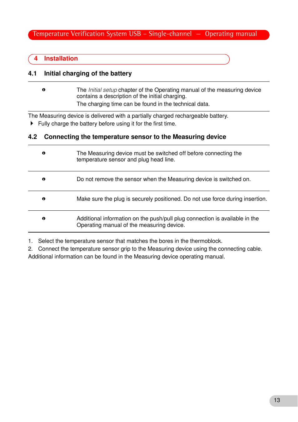 4 installation, 1 initial charging of the battery, 4 installation 4.1 initial charging of the battery | Eppendorf Temperature Verification System User Manual | Page 13 / 40