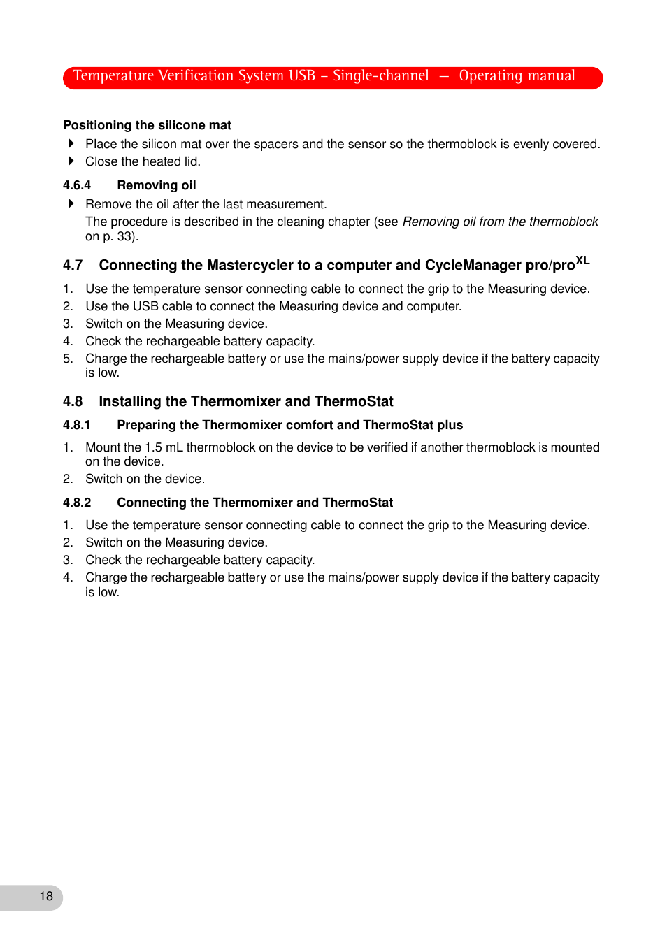 4 removing oil, 8 installing the thermomixer and thermostat, 2 connecting the thermomixer and thermostat | Eppendorf Temperature Verification System User Manual | Page 18 / 40
