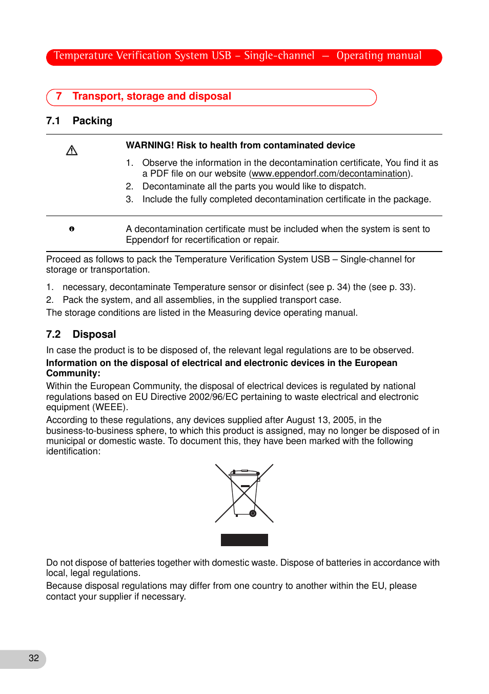 7 transport, storage and disposal, 1 packing, 2 disposal | 7 transport, storage and disposal 7.1 packing | Eppendorf Temperature Verification System User Manual | Page 32 / 40