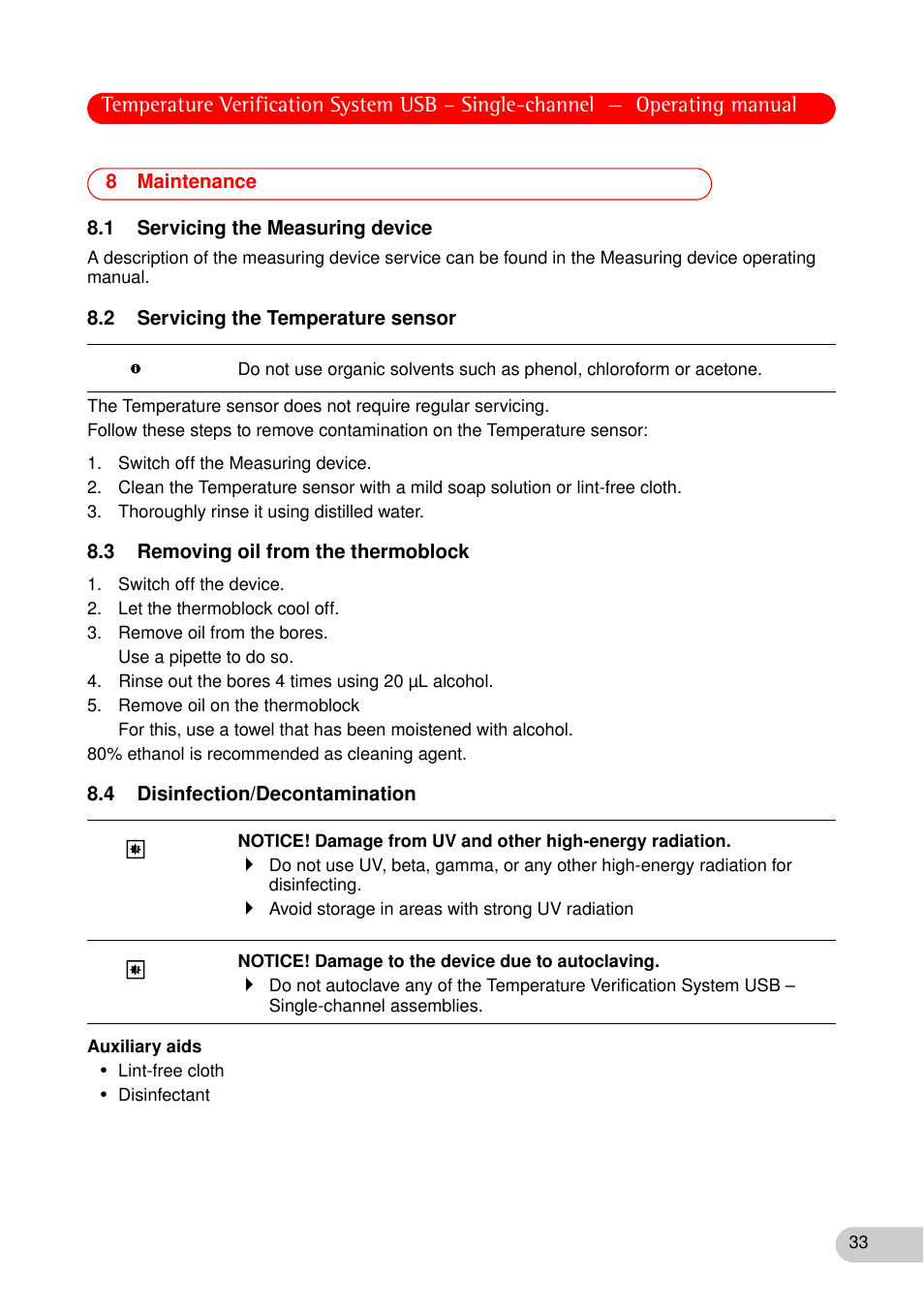 8 maintenance, 1 servicing the measuring device, 2 servicing the temperature sensor | 3 removing oil from the thermoblock, 4 disinfection/decontamination | Eppendorf Temperature Verification System User Manual | Page 33 / 40