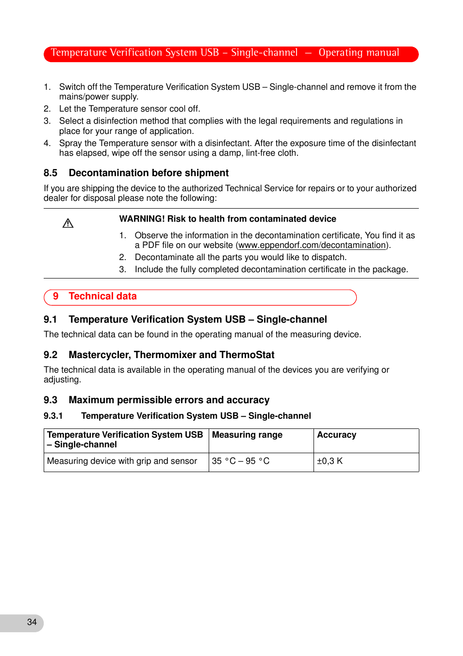 5 decontamination before shipment, 9 technical data, 2 mastercycler, thermomixer and thermostat | 3 maximum permissible errors and accuracy | Eppendorf Temperature Verification System User Manual | Page 34 / 40