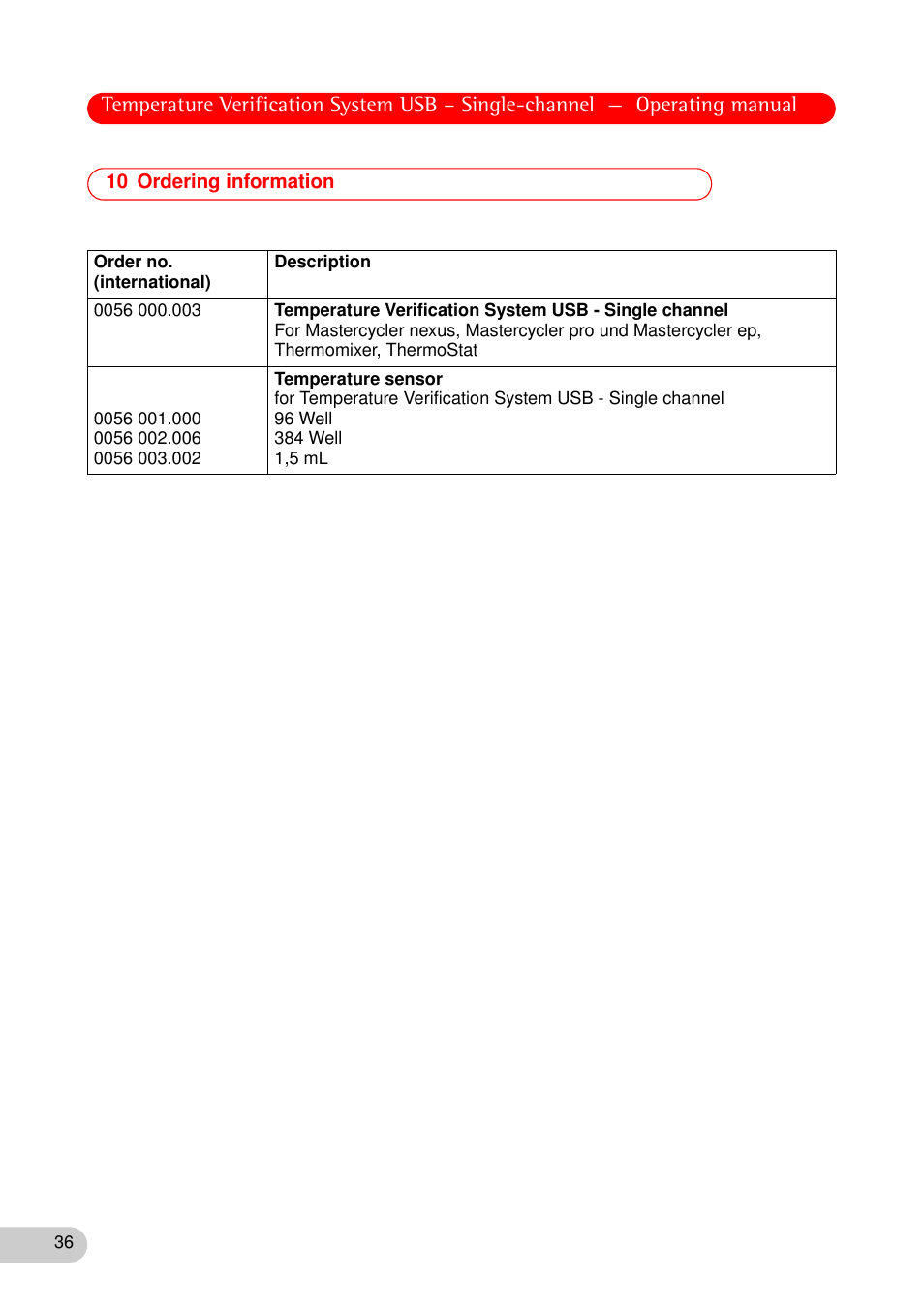 10 ordering information | Eppendorf Temperature Verification System User Manual | Page 36 / 40