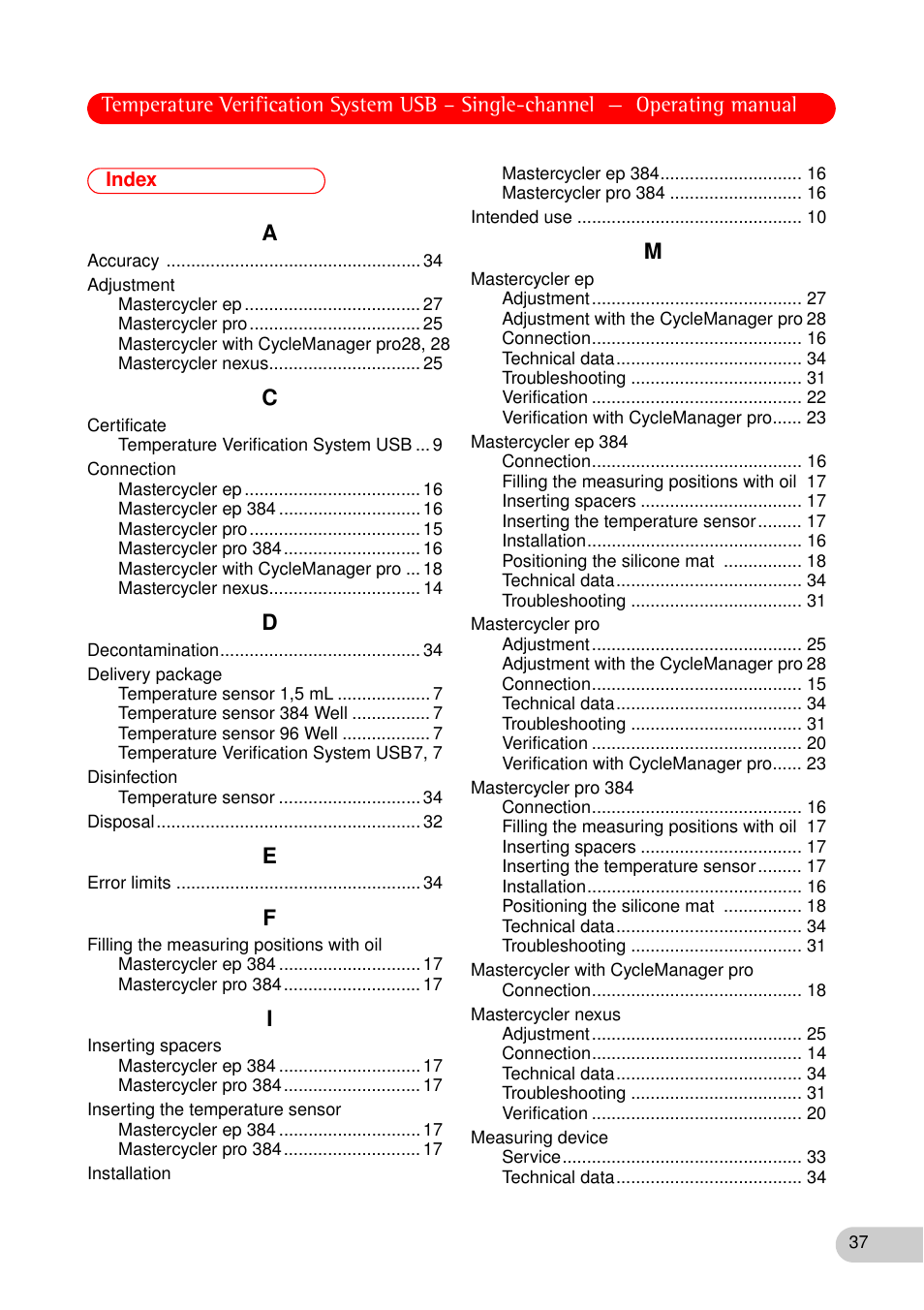 Index | Eppendorf Temperature Verification System User Manual | Page 37 / 40
