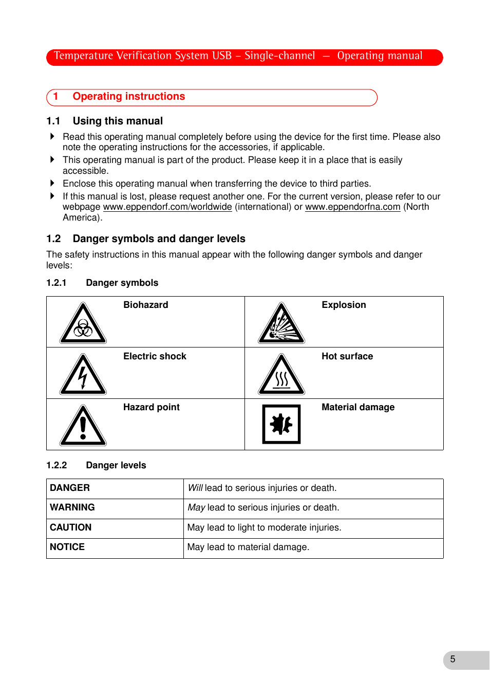 1 operating instructions, 1 using this manual, 2 danger symbols and danger levels | 1 danger symbols, 2 danger levels, 1 danger symbols 1.2.2 danger levels | Eppendorf Temperature Verification System User Manual | Page 5 / 40