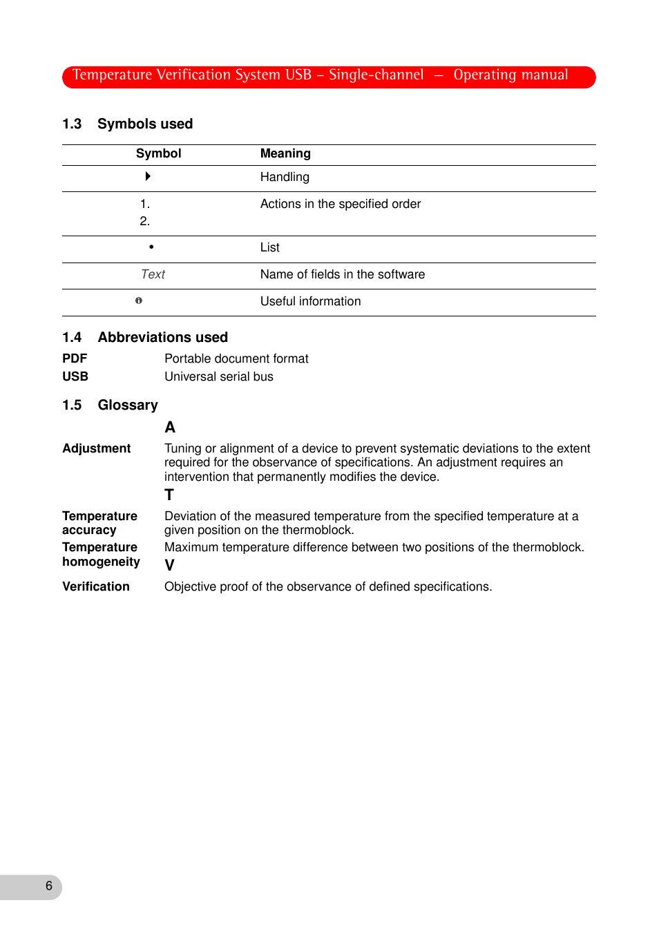 3 symbols used, 4 abbreviations used, 5 glossary | 3 symbols used 1.4 abbreviations used 1.5 glossary | Eppendorf Temperature Verification System User Manual | Page 6 / 40