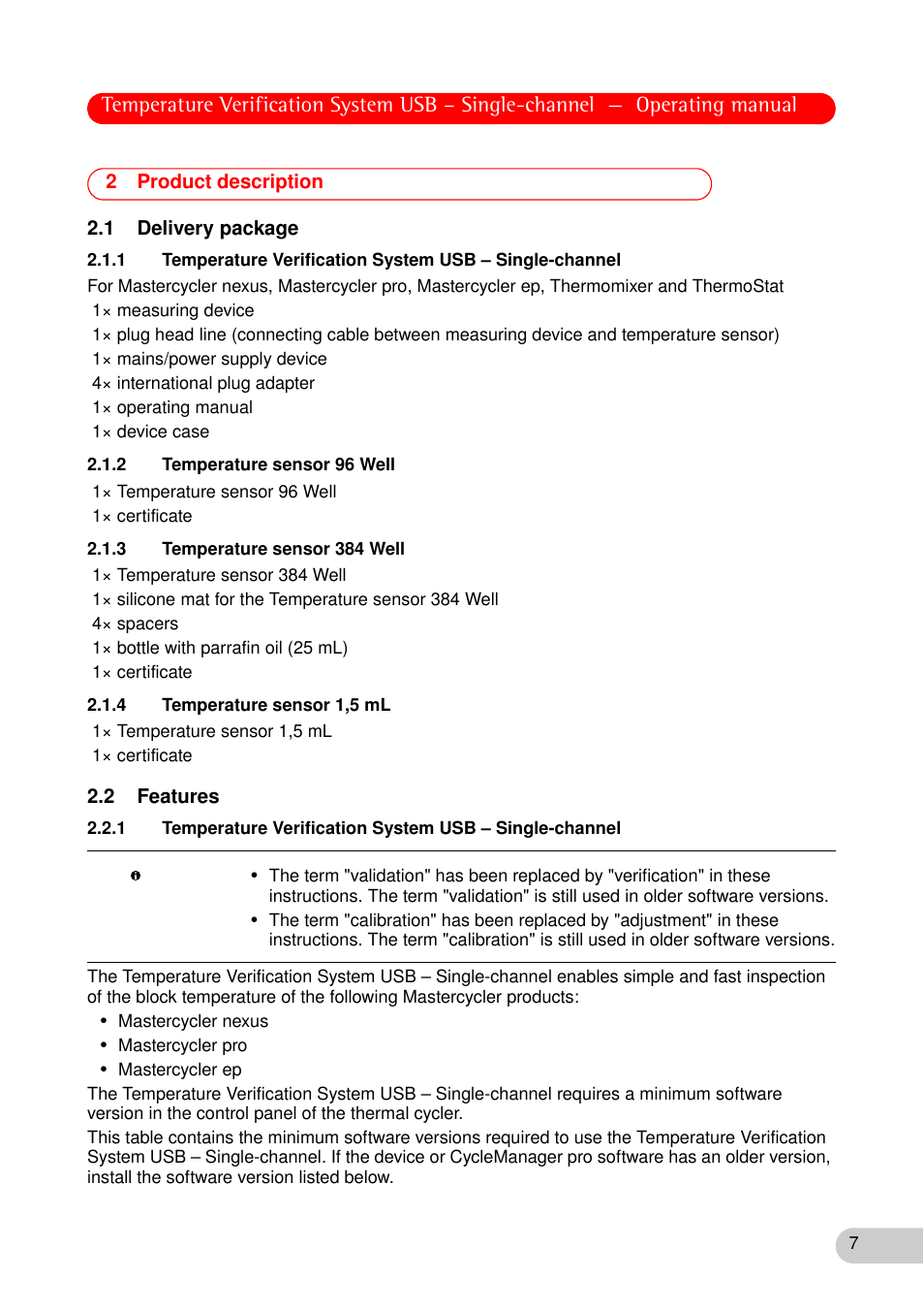 2 product description, 1 delivery package, 2 temperature sensor 96 well | 3 temperature sensor 384 well, 4 temperature sensor 1,5 ml, 2 features, Product description 2.1 delivery package | Eppendorf Temperature Verification System User Manual | Page 7 / 40