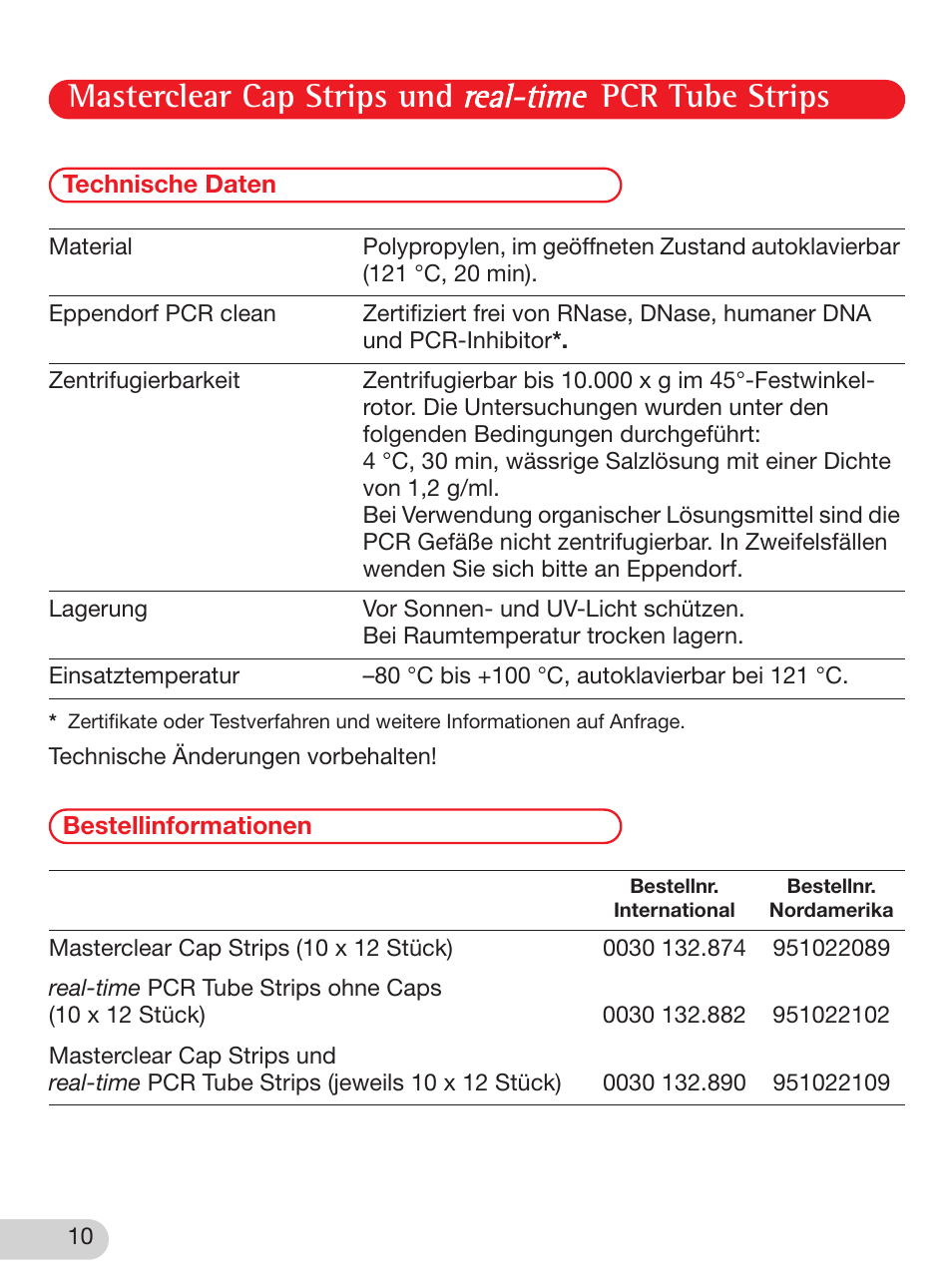 Technische daten, Bestellinformationen, Masterclear cap strips und pcr tube strips | Eppendorf Masterclear Cap Strips and real-time PCR Tube Strips User Manual | Page 10 / 24