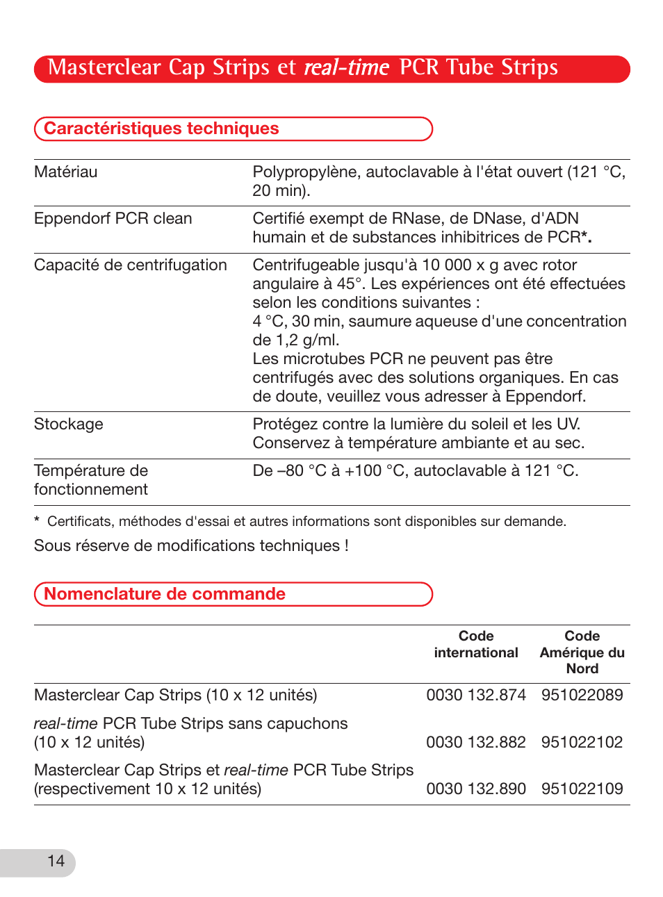 Caractéristiques techniques, Nomenclature de commande, Masterclear cap strips et pcr tube strips | Eppendorf Masterclear Cap Strips and real-time PCR Tube Strips User Manual | Page 14 / 24