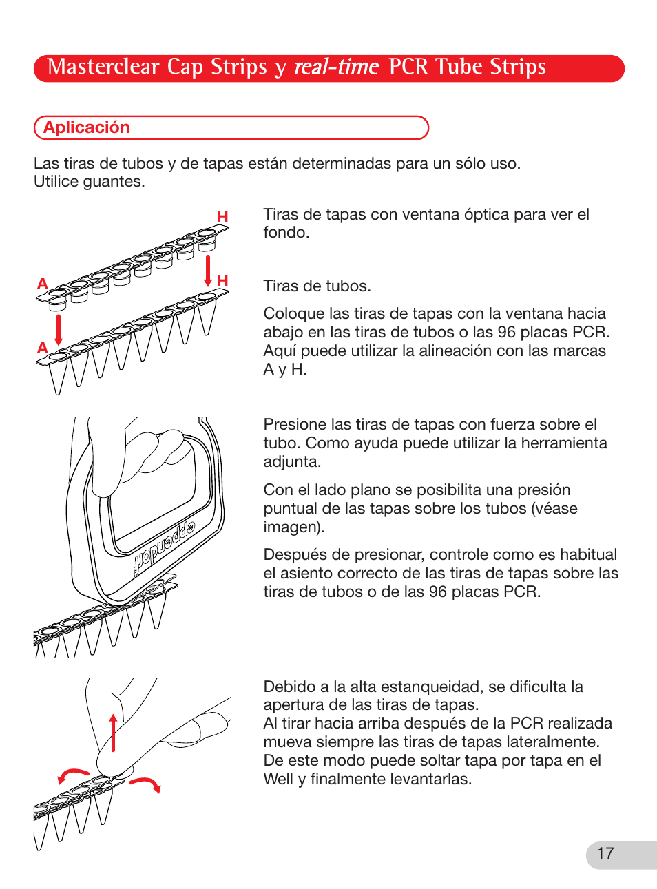 Aplicación, Masterclear cap strips y pcr tube strips | Eppendorf Masterclear Cap Strips and real-time PCR Tube Strips User Manual | Page 17 / 24