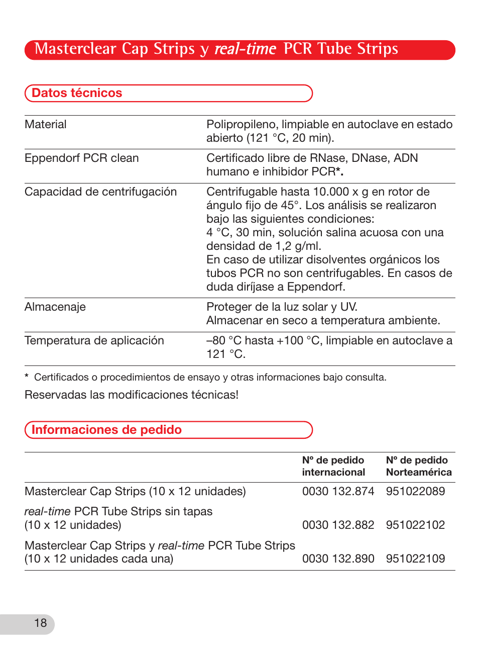 Datos técnicos, Informaciones de pedido, Masterclear cap strips y pcr tube strips | Eppendorf Masterclear Cap Strips and real-time PCR Tube Strips User Manual | Page 18 / 24