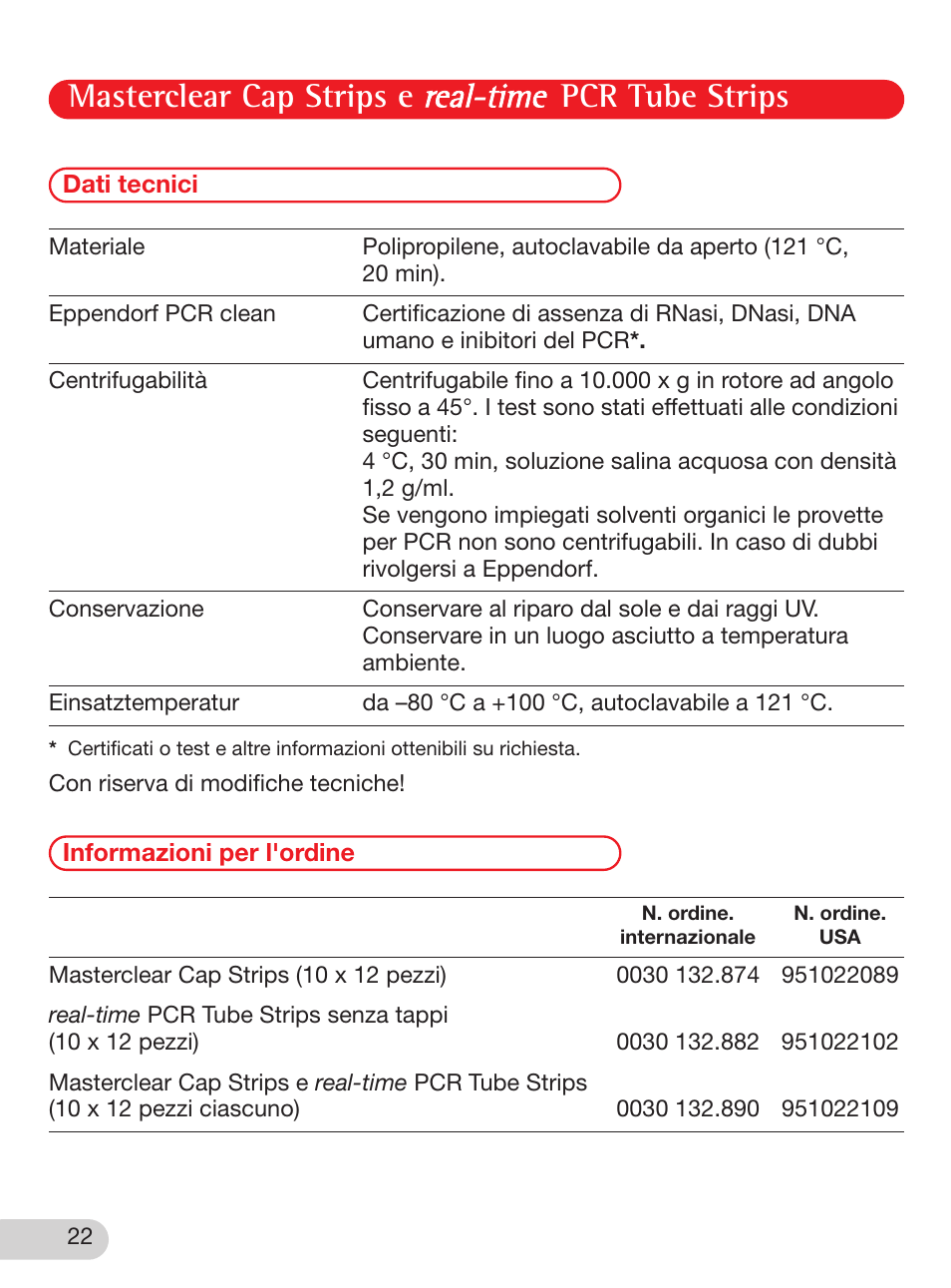 Dati tecnici, Informazioni per l'ordine, Masterclear cap strips e pcr tube strips | Eppendorf Masterclear Cap Strips and real-time PCR Tube Strips User Manual | Page 22 / 24