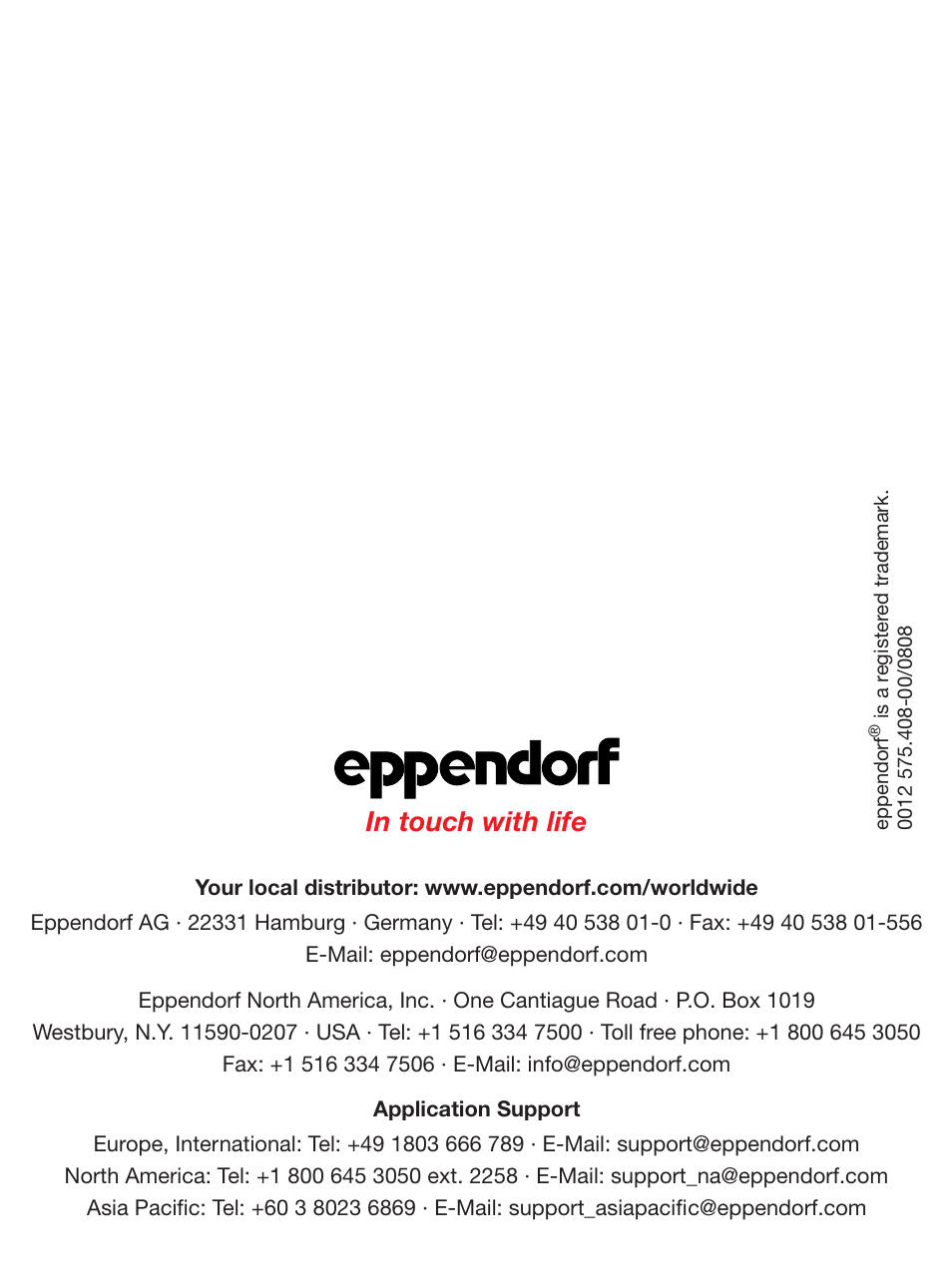 Edp no. 0012 575.408-00/0808 | Eppendorf Masterclear Cap Strips and real-time PCR Tube Strips User Manual | Page 24 / 24