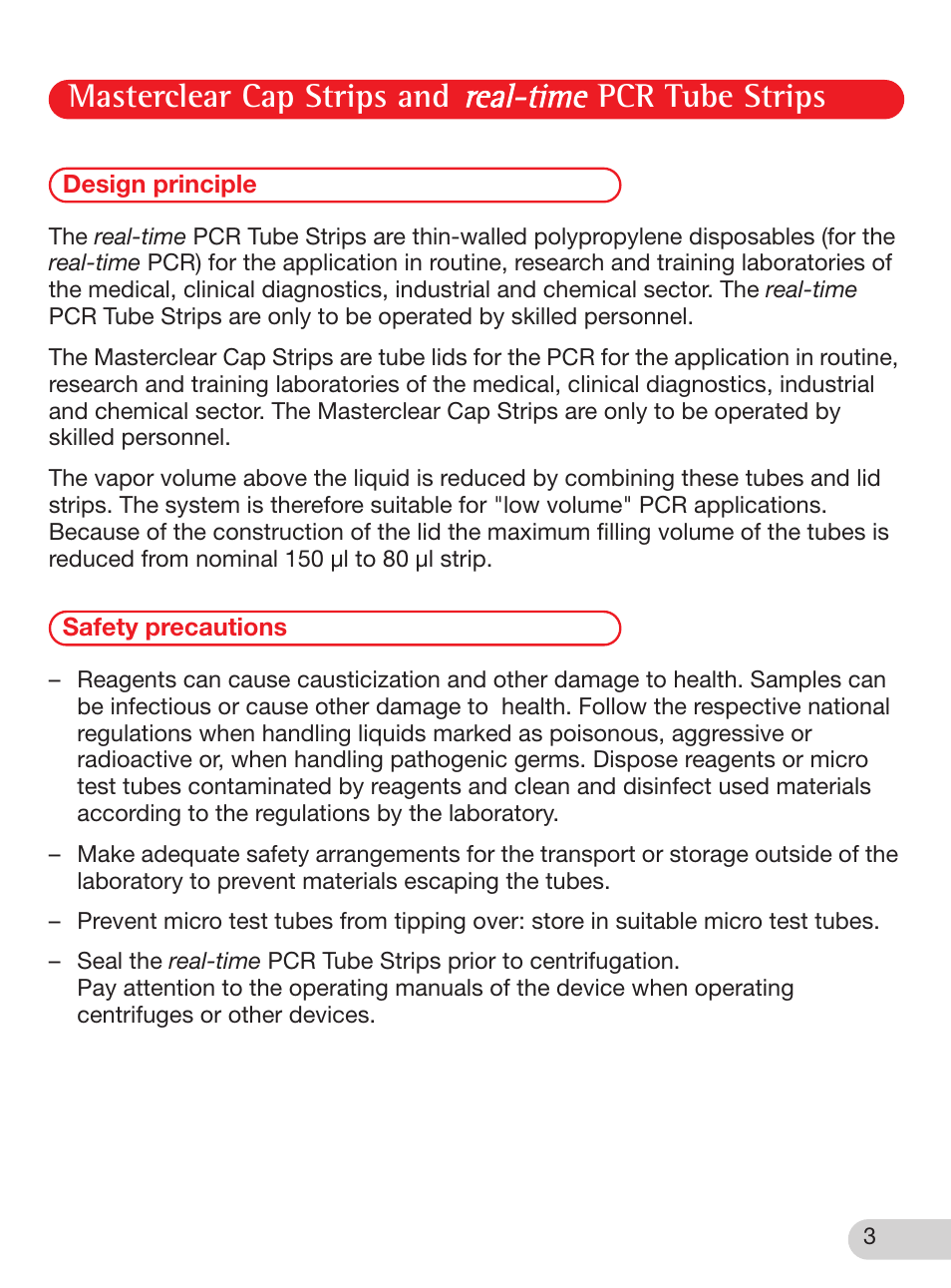 Operating manual, Design principle, Safety precautions | Masterclear cap strips and pcr tube strips | Eppendorf Masterclear Cap Strips and real-time PCR Tube Strips User Manual | Page 3 / 24