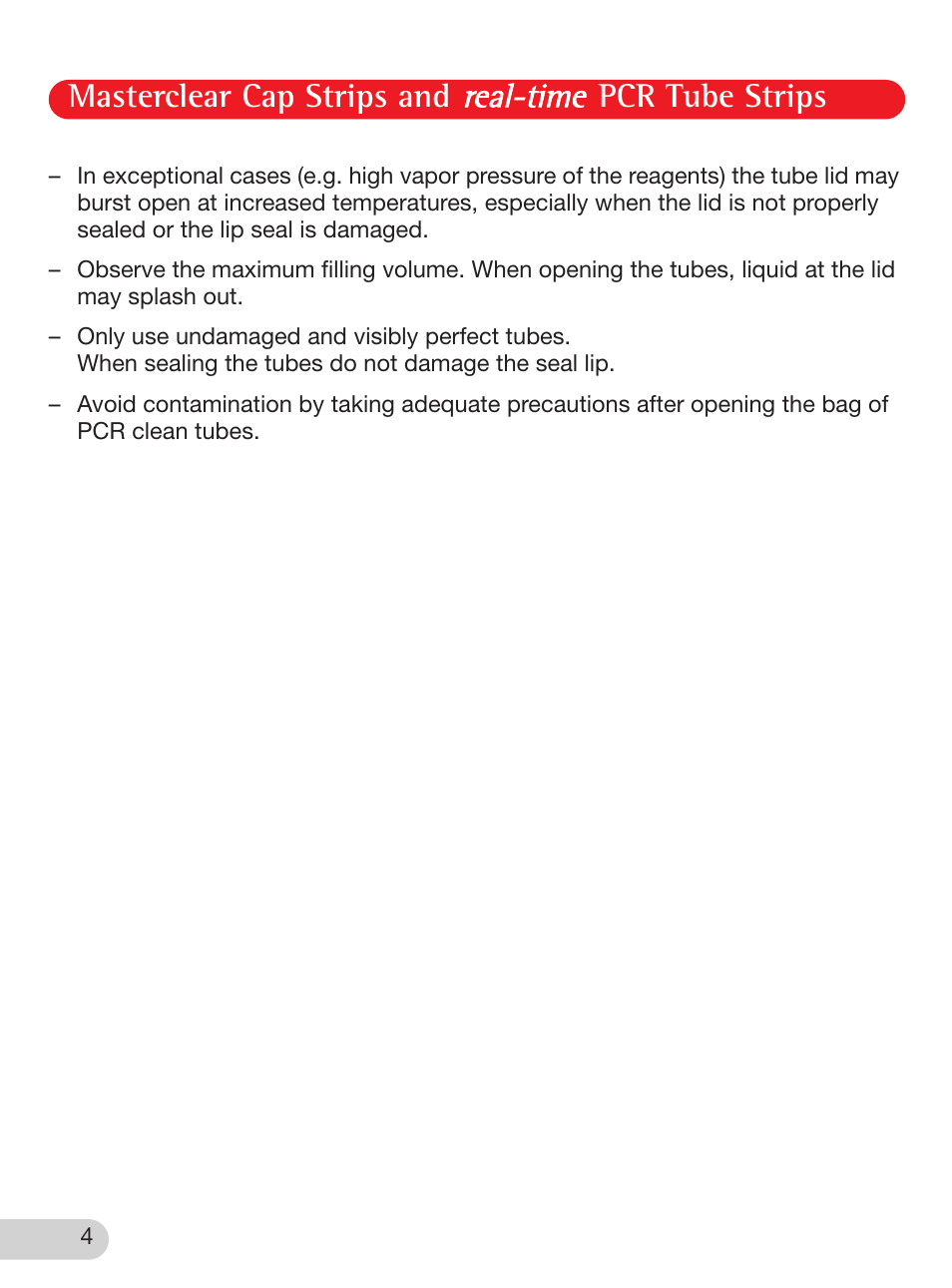 Masterclear cap strips and pcr tube strips | Eppendorf Masterclear Cap Strips and real-time PCR Tube Strips User Manual | Page 4 / 24
