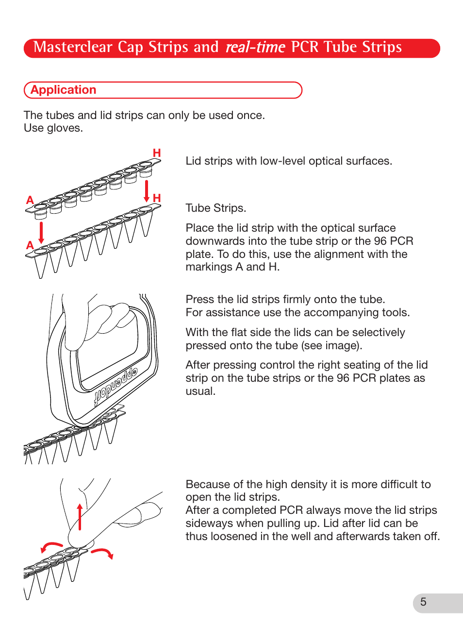 Application, Masterclear cap strips and pcr tube strips | Eppendorf Masterclear Cap Strips and real-time PCR Tube Strips User Manual | Page 5 / 24