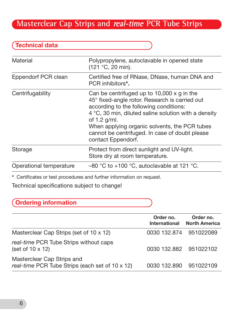 Technical data, Ordering information, Masterclear cap strips and pcr tube strips | Eppendorf Masterclear Cap Strips and real-time PCR Tube Strips User Manual | Page 6 / 24