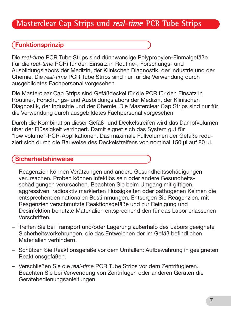 Bedienungsanleitung, Funktionsprinzip, Sicherheitshinweise | Masterclear cap strips und pcr tube strips | Eppendorf Masterclear Cap Strips and real-time PCR Tube Strips User Manual | Page 7 / 24