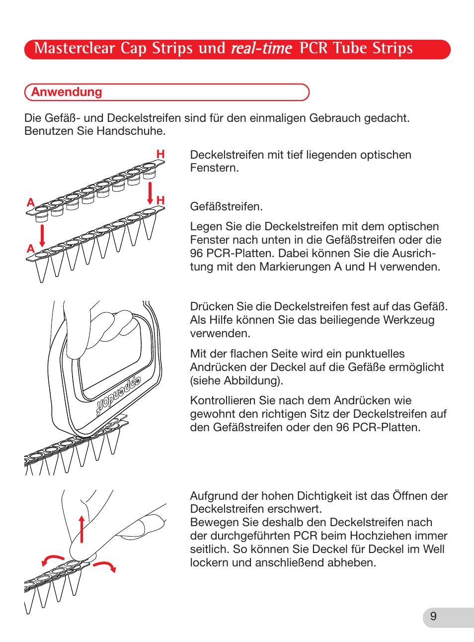 Anwendung, Masterclear cap strips und pcr tube strips | Eppendorf Masterclear Cap Strips and real-time PCR Tube Strips User Manual | Page 9 / 24