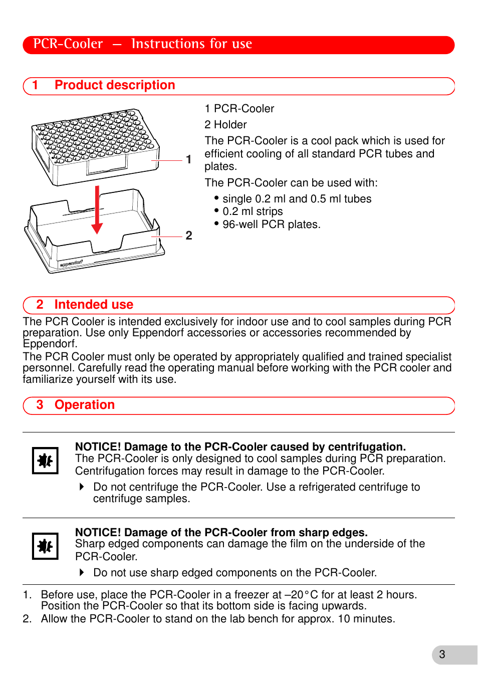 1 product description, 2 intended use, 3 operation | Pcr-cooler — instructions for use, 1product description | Eppendorf PCR-Cooler User Manual | Page 3 / 6