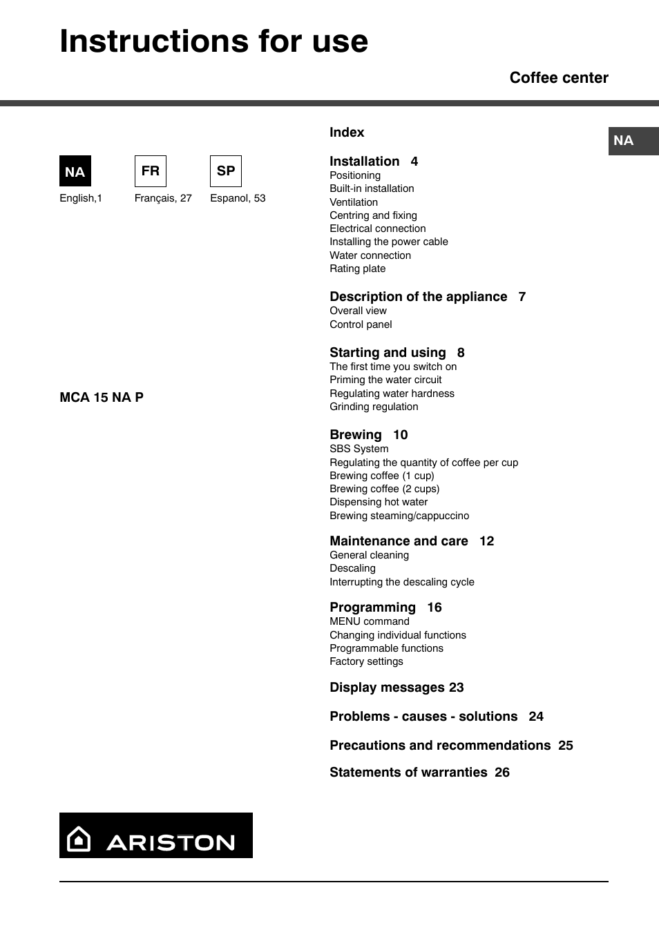 Ariston MCA 15 NA P User Manual | 76 pages