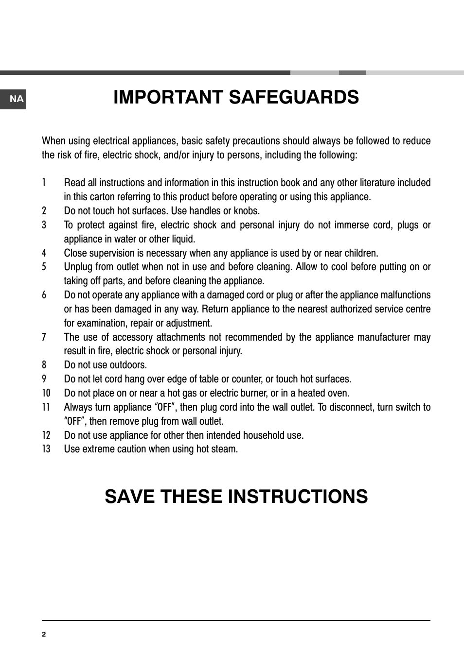 Important safeguards, Save these instructions | Ariston MCA 15 NA P User Manual | Page 2 / 76