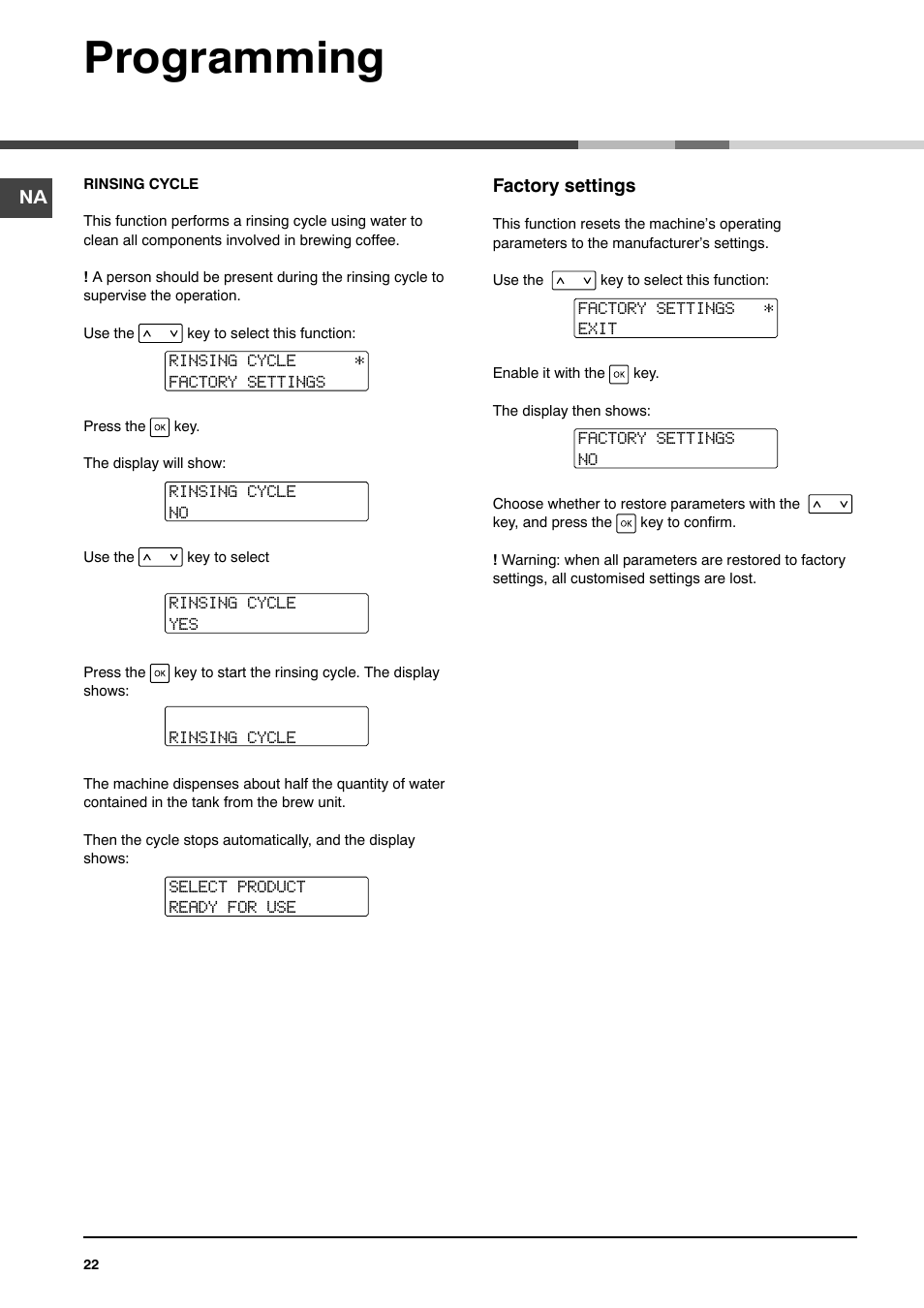 Programming | Ariston MCA 15 NA P User Manual | Page 22 / 76