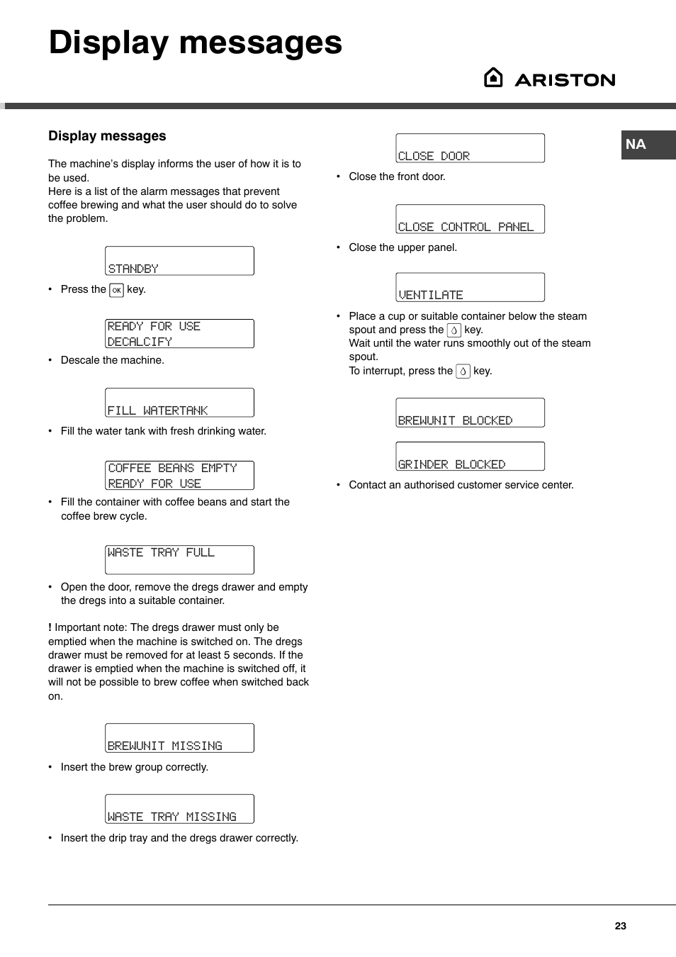 Display messages | Ariston MCA 15 NA P User Manual | Page 23 / 76