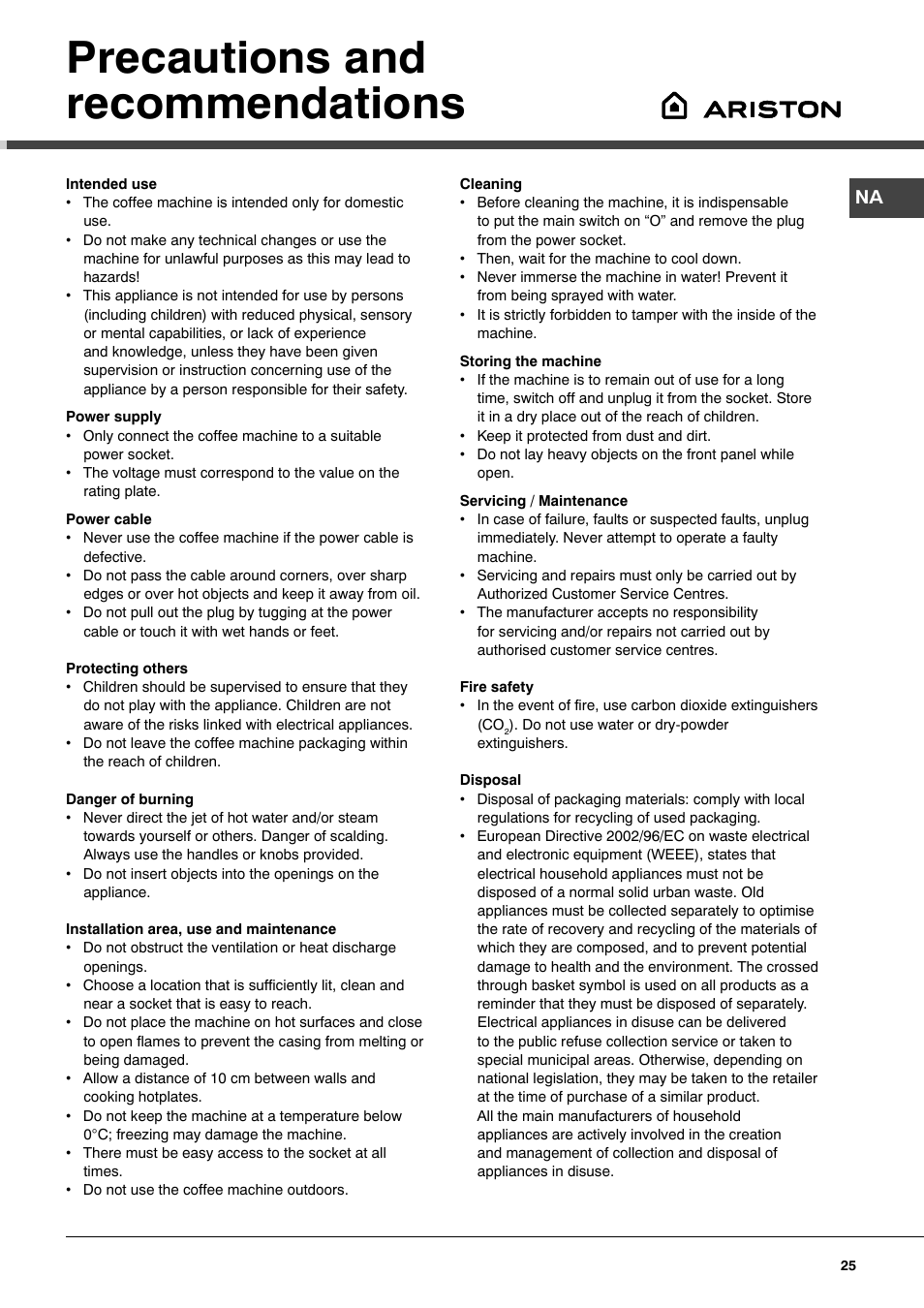 Precautions and recommendations | Ariston MCA 15 NA P User Manual | Page 25 / 76
