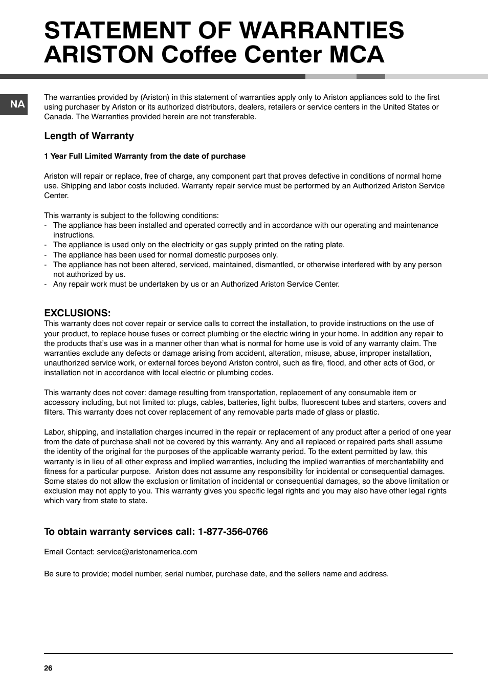 Statement of warranties ariston coffee center mca | Ariston MCA 15 NA P User Manual | Page 26 / 76