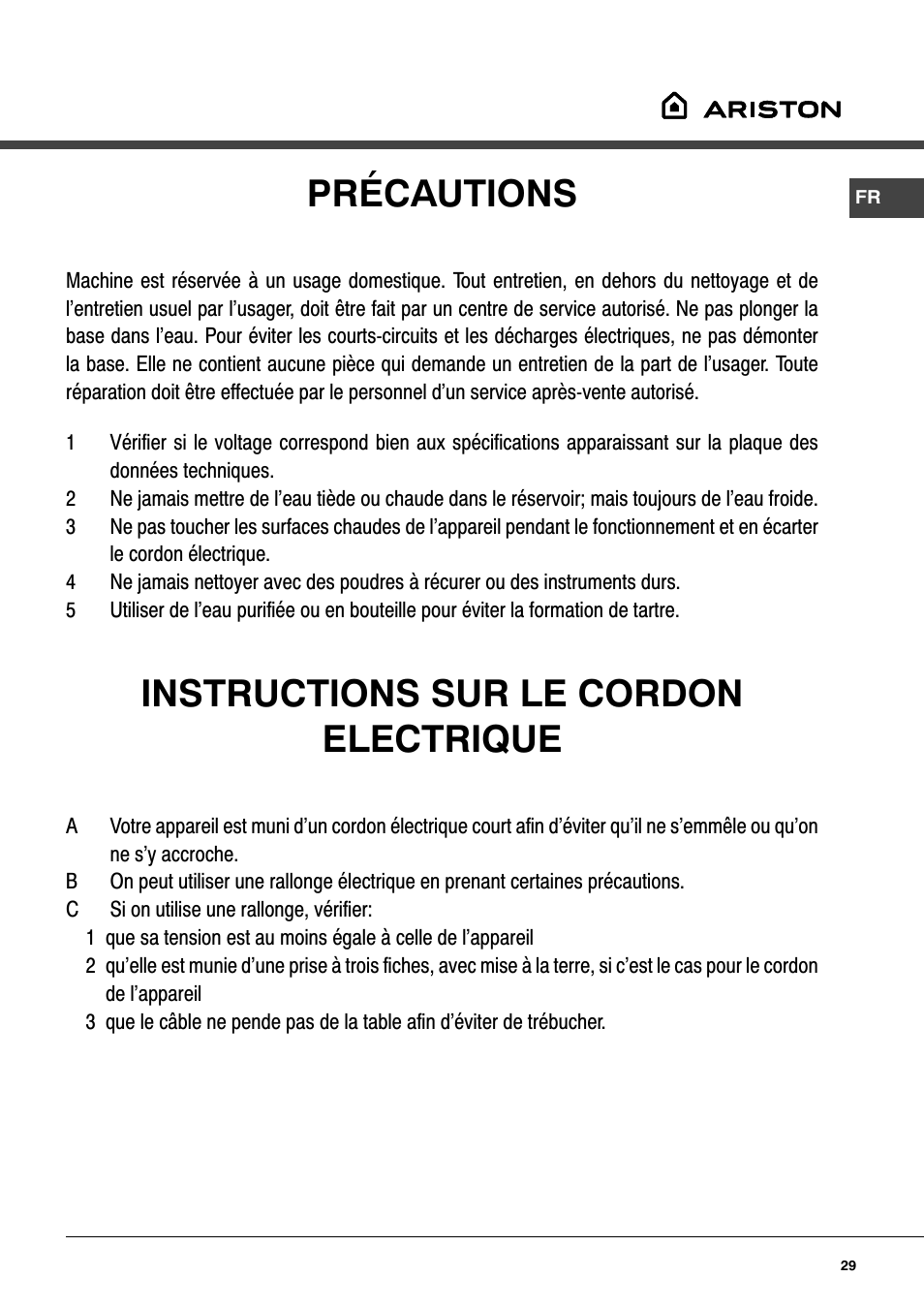 Précautions, Instructions sur le cordon electrique | Ariston MCA 15 NA P User Manual | Page 29 / 76