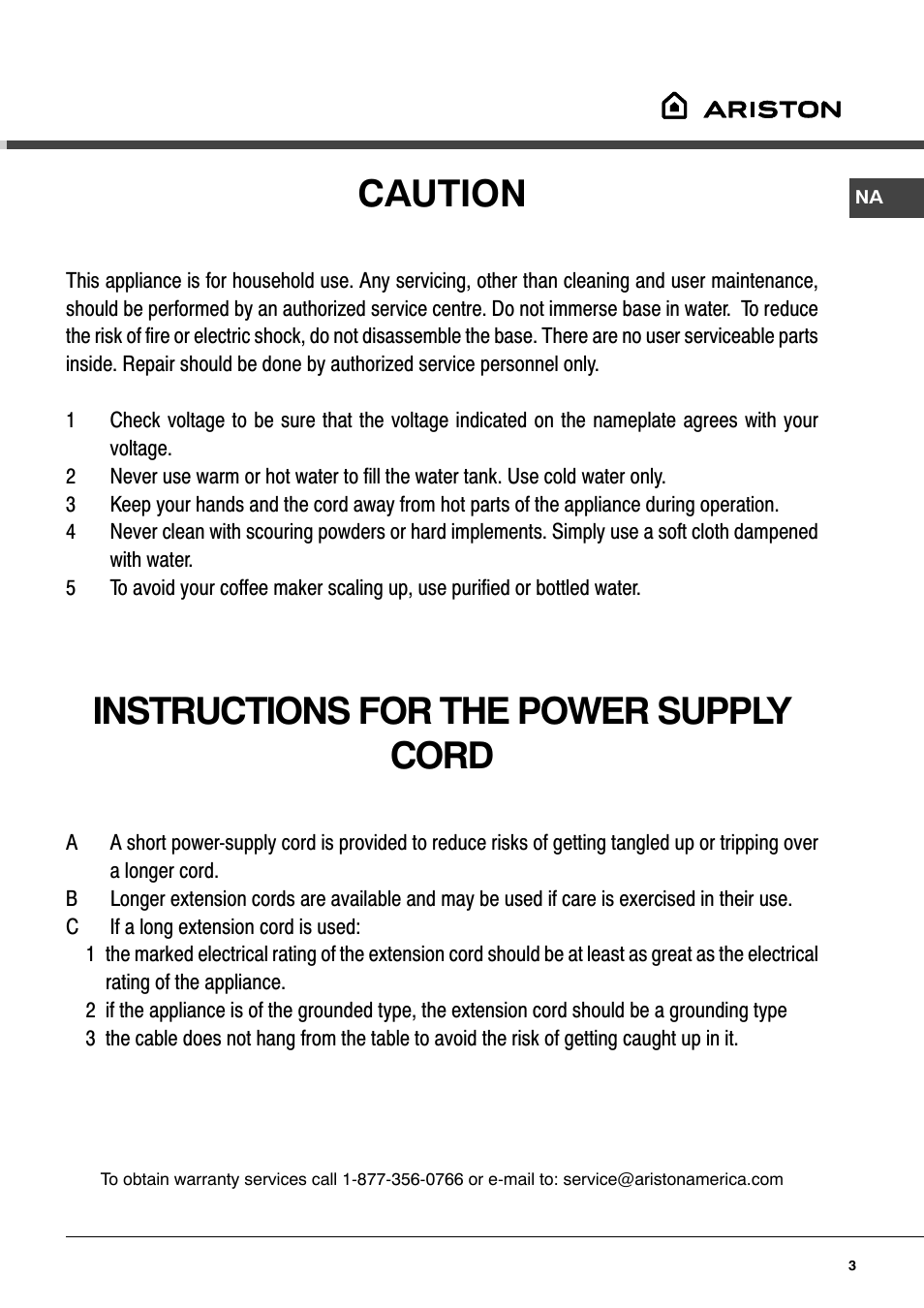 Caution, Instructions for the power supply cord | Ariston MCA 15 NA P User Manual | Page 3 / 76