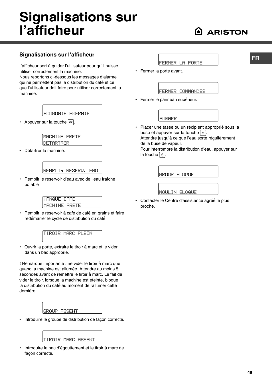 Signalisations sur l’afficheur | Ariston MCA 15 NA P User Manual | Page 49 / 76