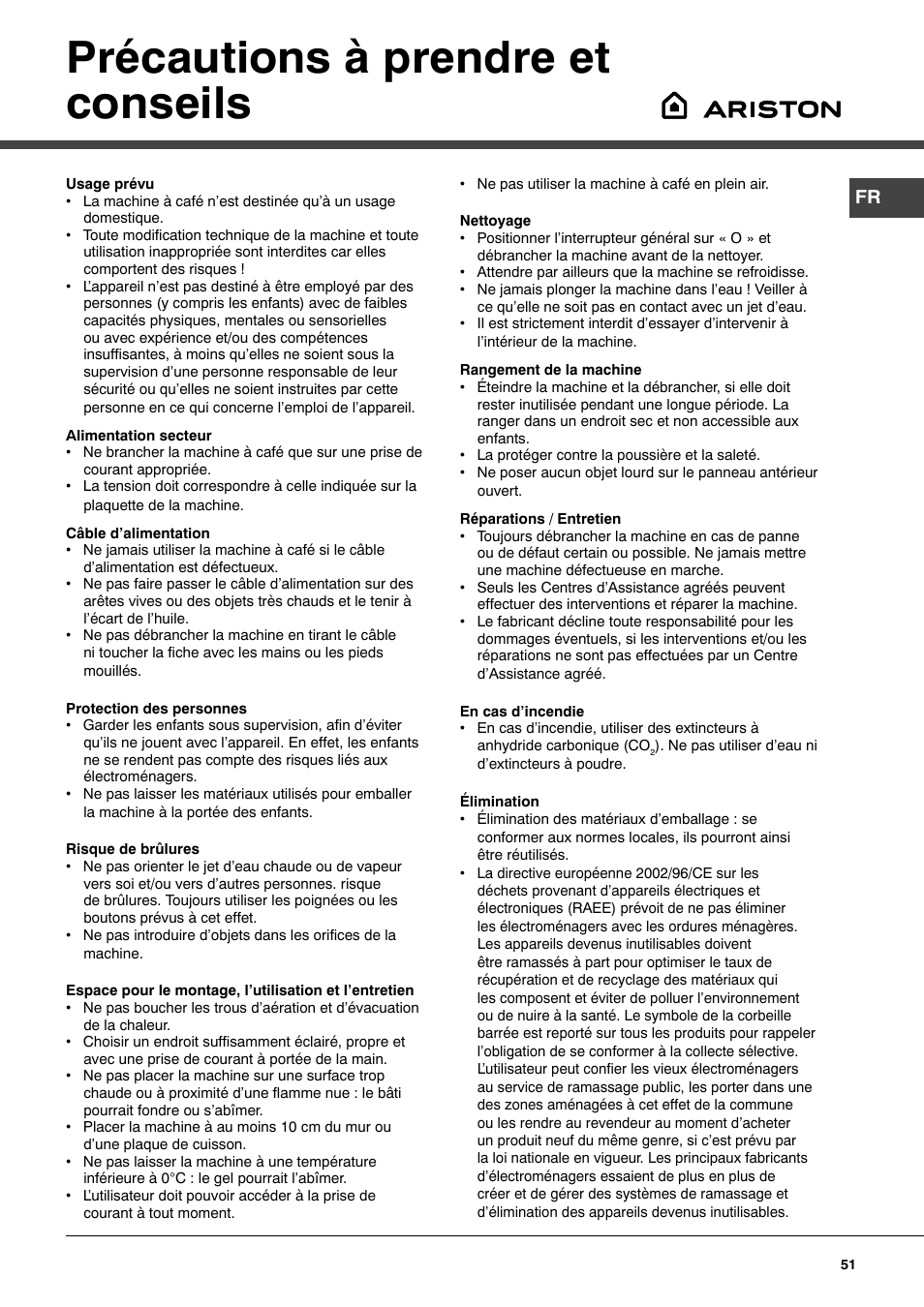 Précautions à prendre et conseils | Ariston MCA 15 NA P User Manual | Page 51 / 76