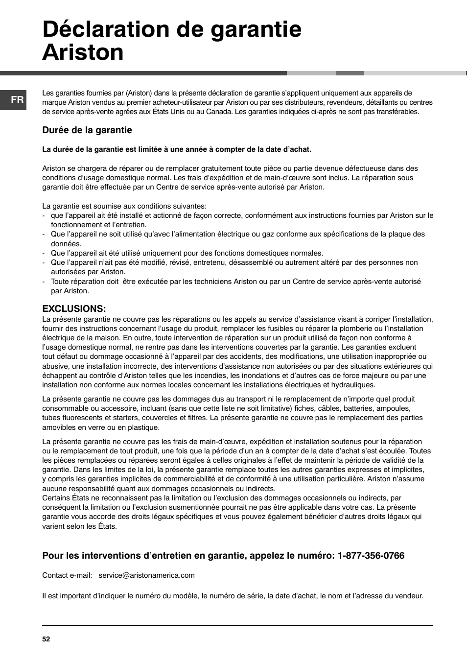 Déclaration de garantie ariston | Ariston MCA 15 NA P User Manual | Page 52 / 76