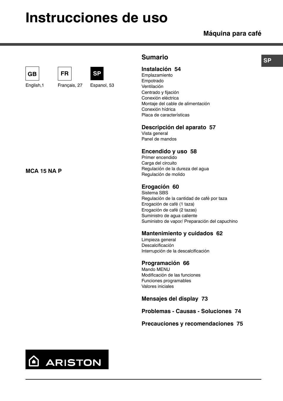 Instrucciones de uso | Ariston MCA 15 NA P User Manual | Page 53 / 76