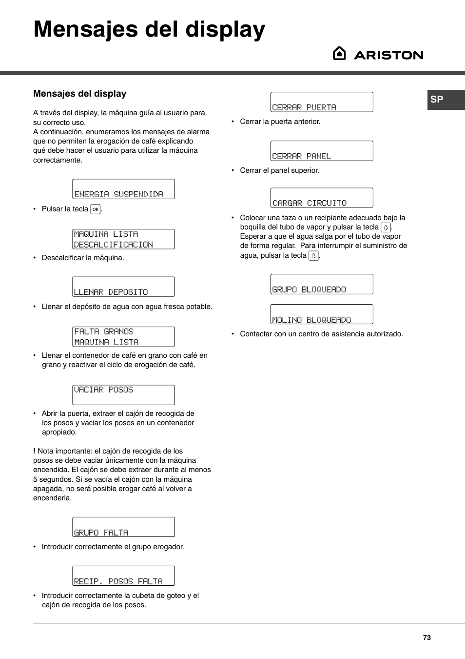 Mensajes del display | Ariston MCA 15 NA P User Manual | Page 73 / 76