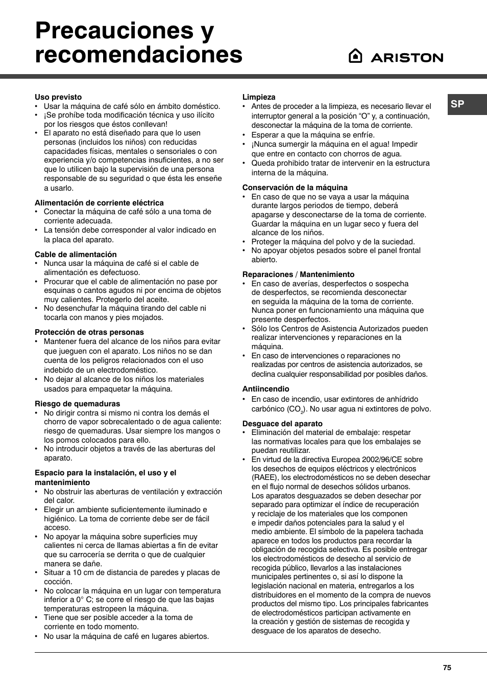 Precauciones y recomendaciones | Ariston MCA 15 NA P User Manual | Page 75 / 76