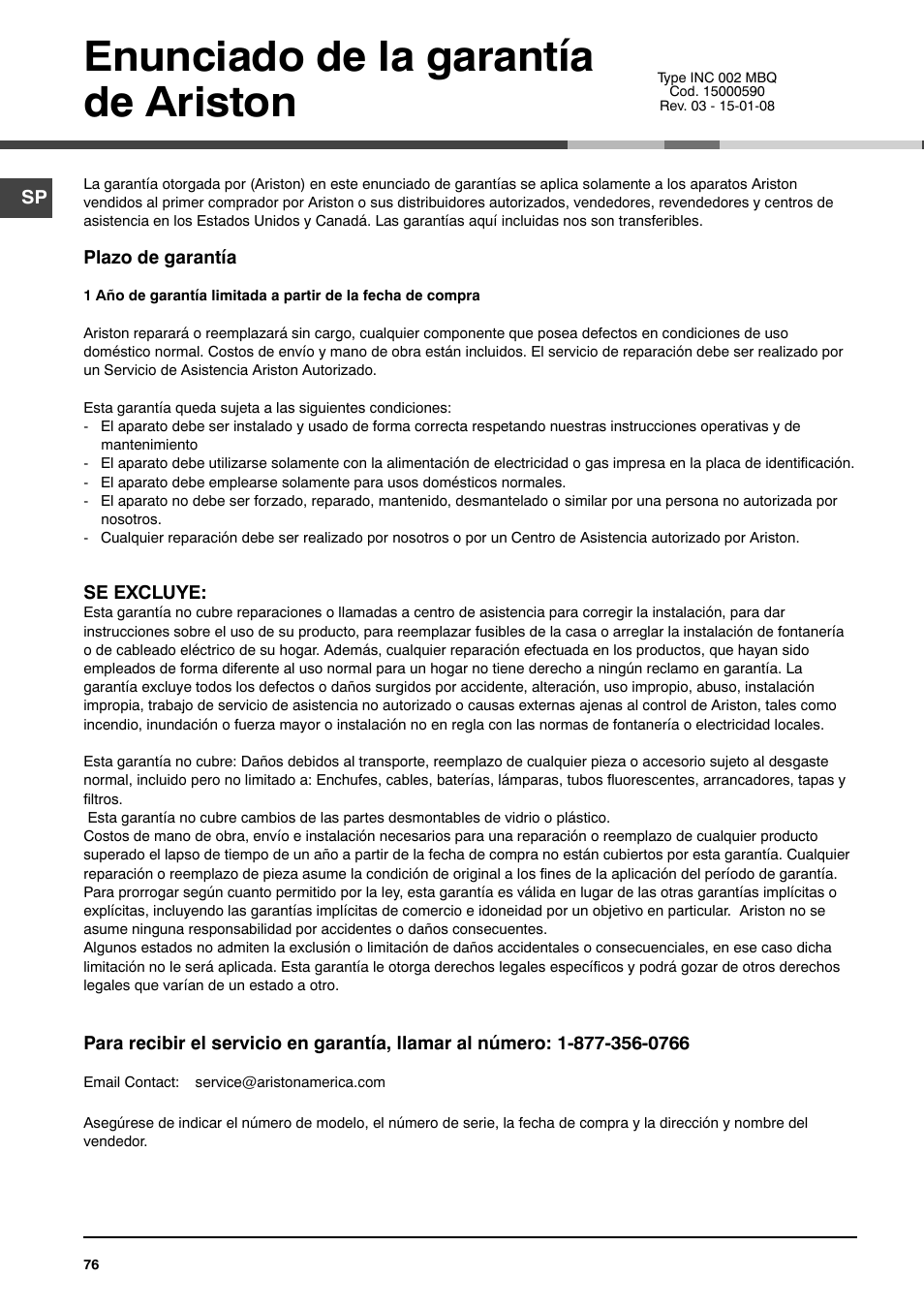 Enunciado de la garantía de ariston | Ariston MCA 15 NA P User Manual | Page 76 / 76