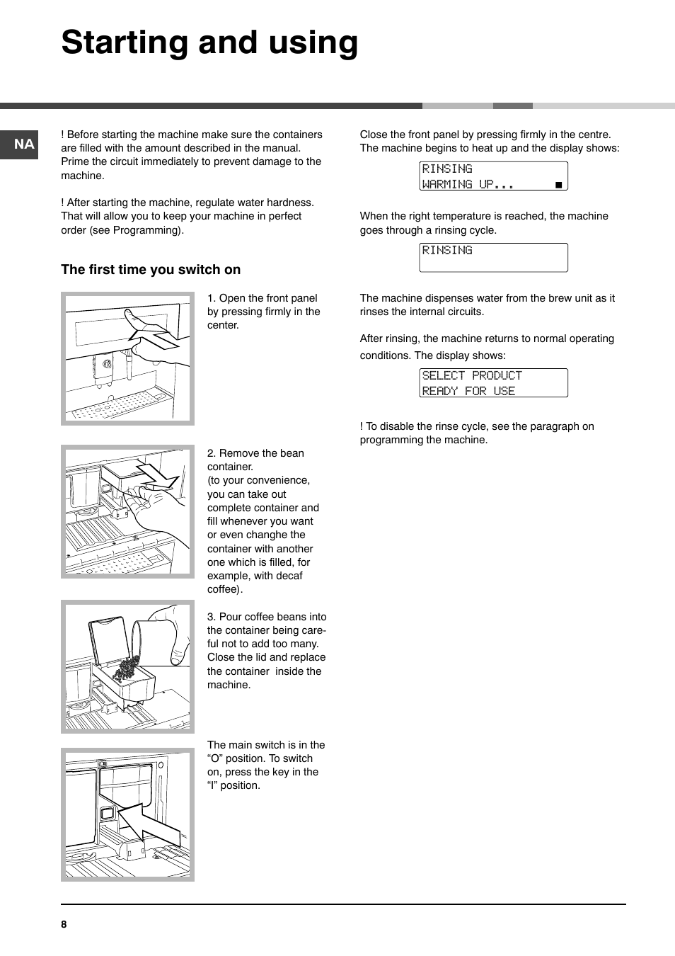 Starting and using | Ariston MCA 15 NA P User Manual | Page 8 / 76