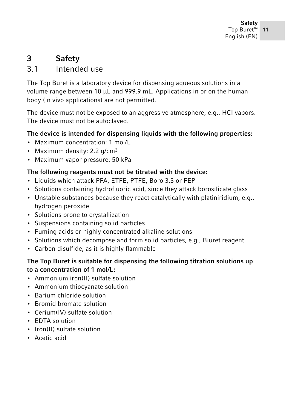 3 safety, 1 intended use, Safety 3.1 | Intended use, 3safety 3.1 intended use | Eppendorf Top Buret M / H User Manual | Page 11 / 42