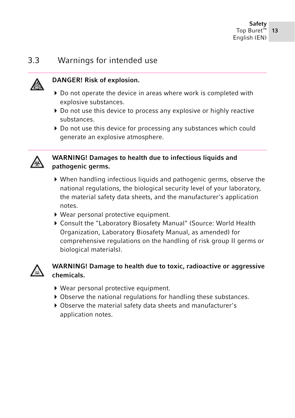 3 warnings for intended use, Warnings for intended use | Eppendorf Top Buret M / H User Manual | Page 13 / 42