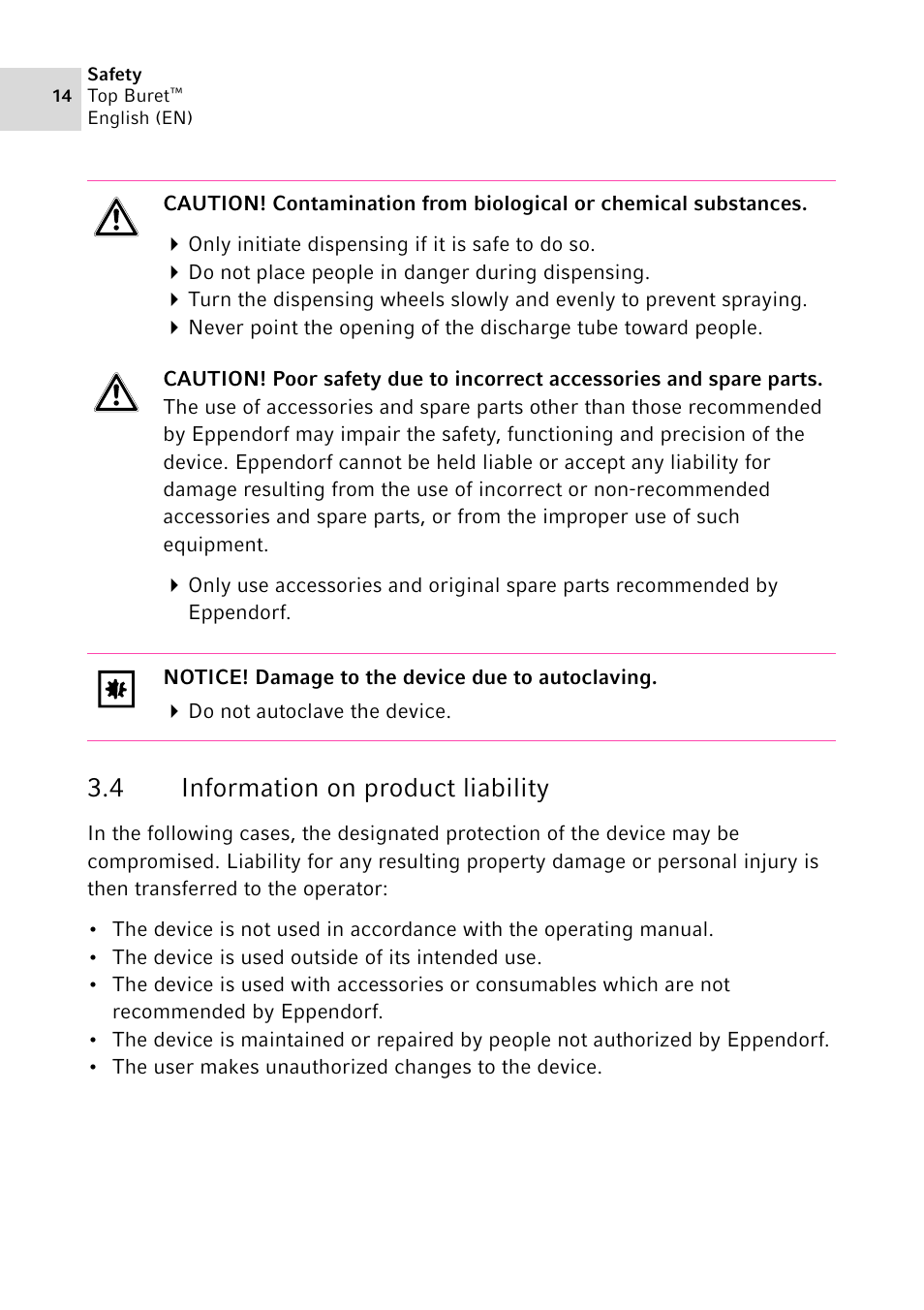 4 information on product liability, Information on product liability | Eppendorf Top Buret M / H User Manual | Page 14 / 42