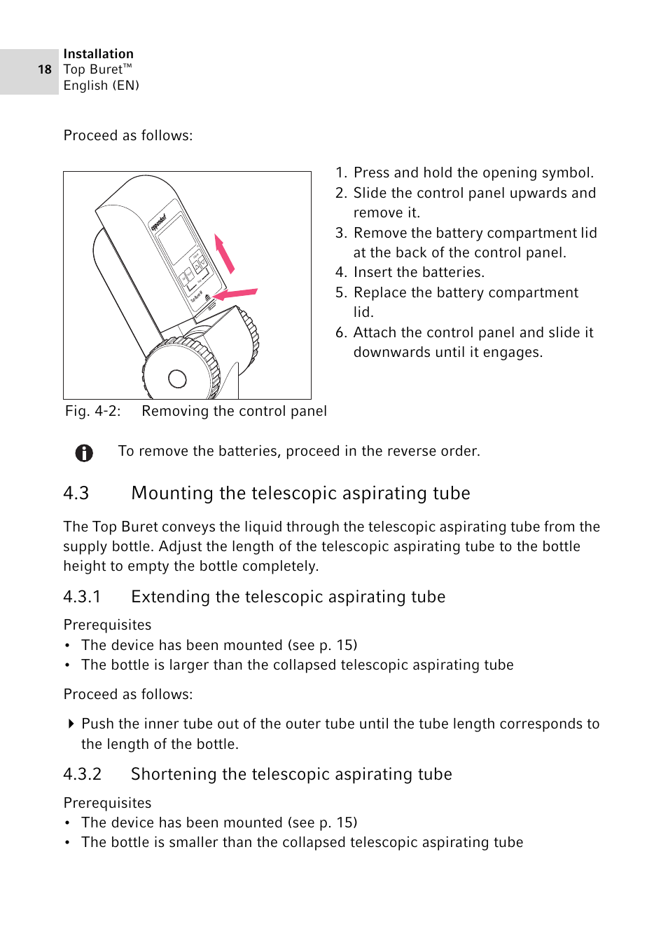3 mounting the telescopic aspirating tube, 1 extending the telescopic aspirating tube, 2 shortening the telescopic aspirating tube | Mounting the telescopic aspirating tube 4.3.1, Extending the telescopic aspirating tube, Shortening the telescopic aspirating tube, Proceed as follows | Eppendorf Top Buret M / H User Manual | Page 18 / 42