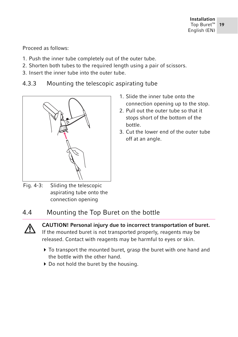 3 mounting the telescopic aspirating tube, 4 mounting the top buret on the bottle, Mounting the telescopic aspirating tube | Mounting the top buret on the bottle | Eppendorf Top Buret M / H User Manual | Page 19 / 42