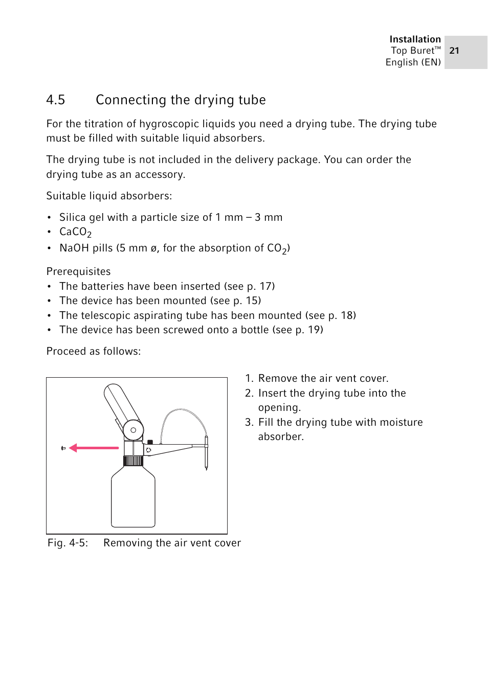 5 connecting the drying tube, Connecting the drying tube | Eppendorf Top Buret M / H User Manual | Page 21 / 42
