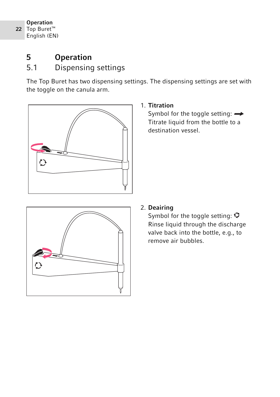 5 operation, 1 dispensing settings, Operation 5.1 | Dispensing settings, 5operation 5.1 dispensing settings | Eppendorf Top Buret M / H User Manual | Page 22 / 42