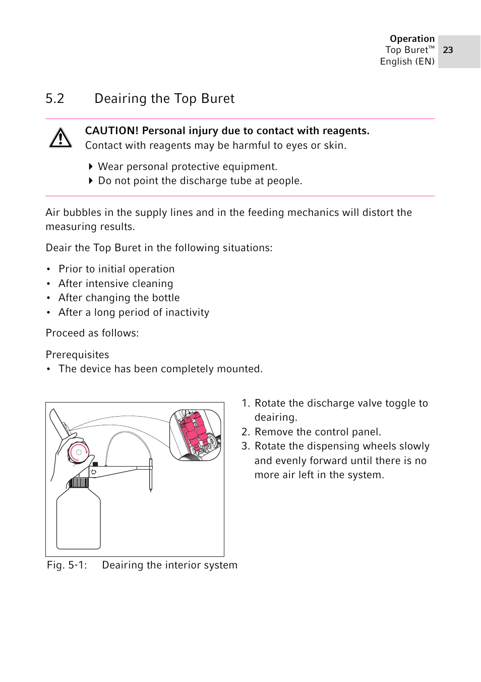 2 deairing the top buret, Deairing the top buret | Eppendorf Top Buret M / H User Manual | Page 23 / 42